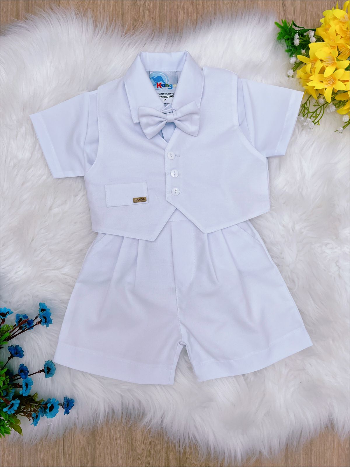 Conjunto Social Short Camisa Colete e Gravata Branco