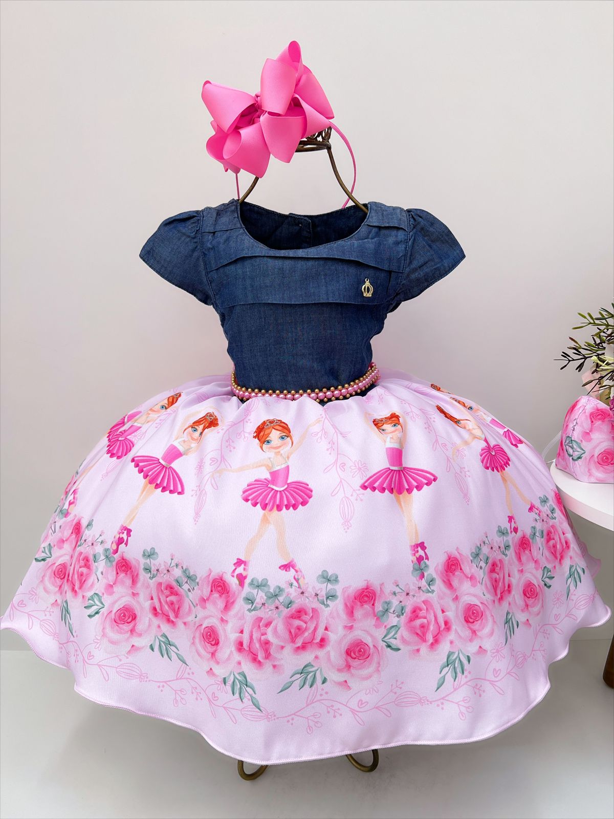 Vestido Infantil Peito Jeans Saia Rosa Floral Bailarina