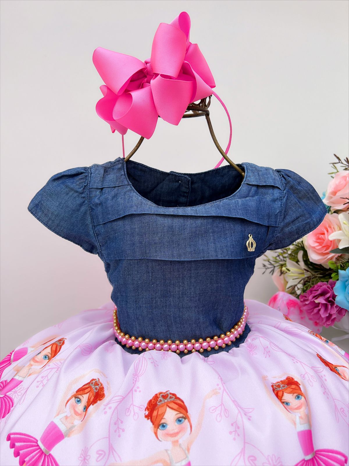 Vestido Infantil Peito Jeans Saia Rosa Floral Bailarina