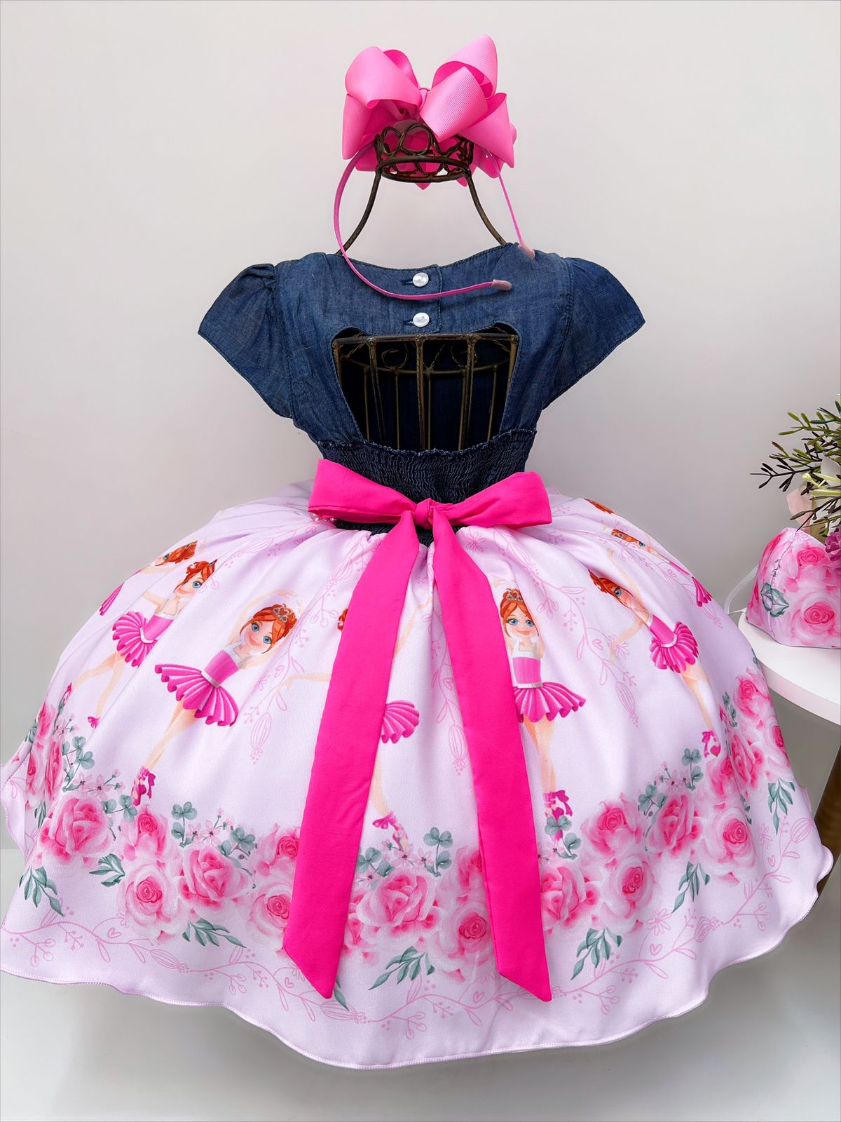 Vestido Infantil Peito Jeans Saia Rosa Floral Bailarina