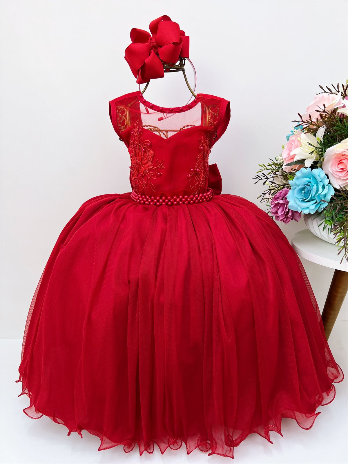 Vestido Infantil Vermelho C/ Renda Luxo e Pérolas Damas