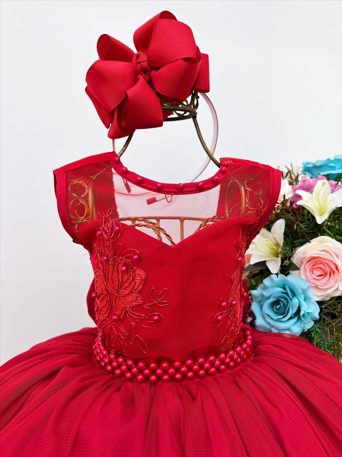 Vestido Infantil Vermelho C/ Renda Luxo e Pérolas Damas