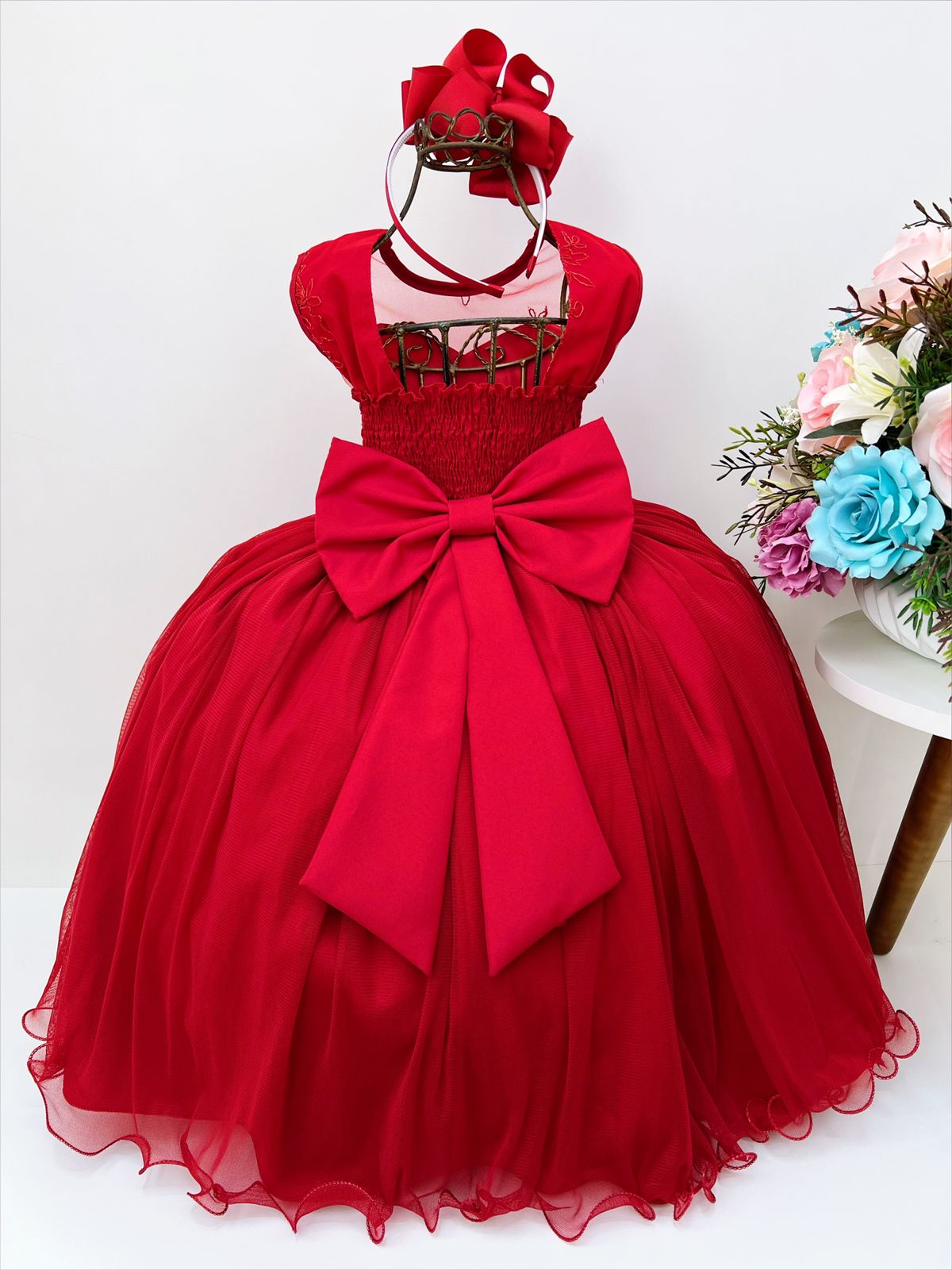 Vestido Infantil Vermelho C/ Renda Luxo e Pérolas Damas