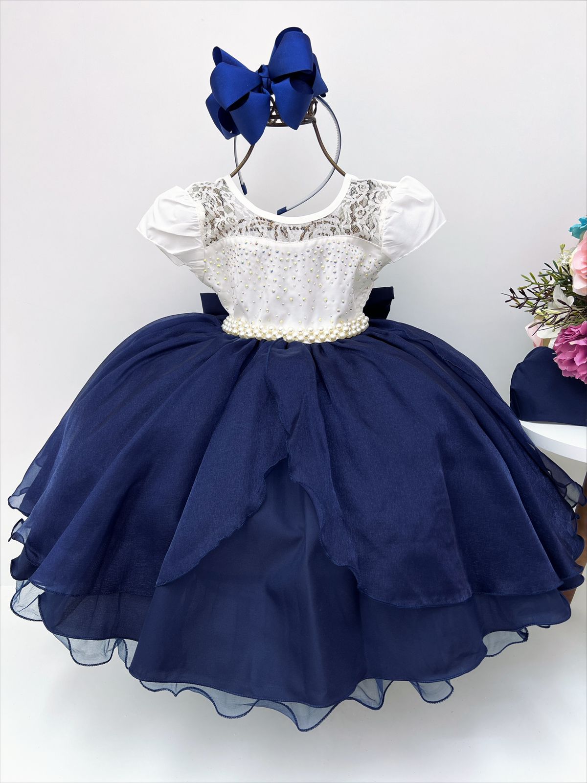 Vestido Infantil Azul Marinho e Off Luxo Festas