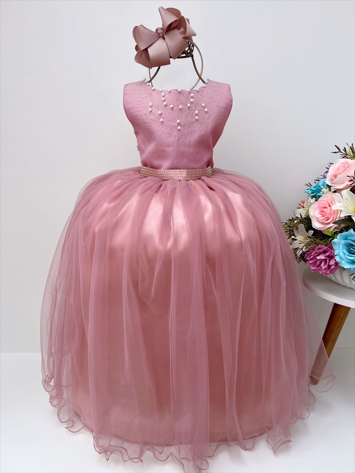 Vestido Infantil Longo Damas de Honra Rose C/ Pérolas