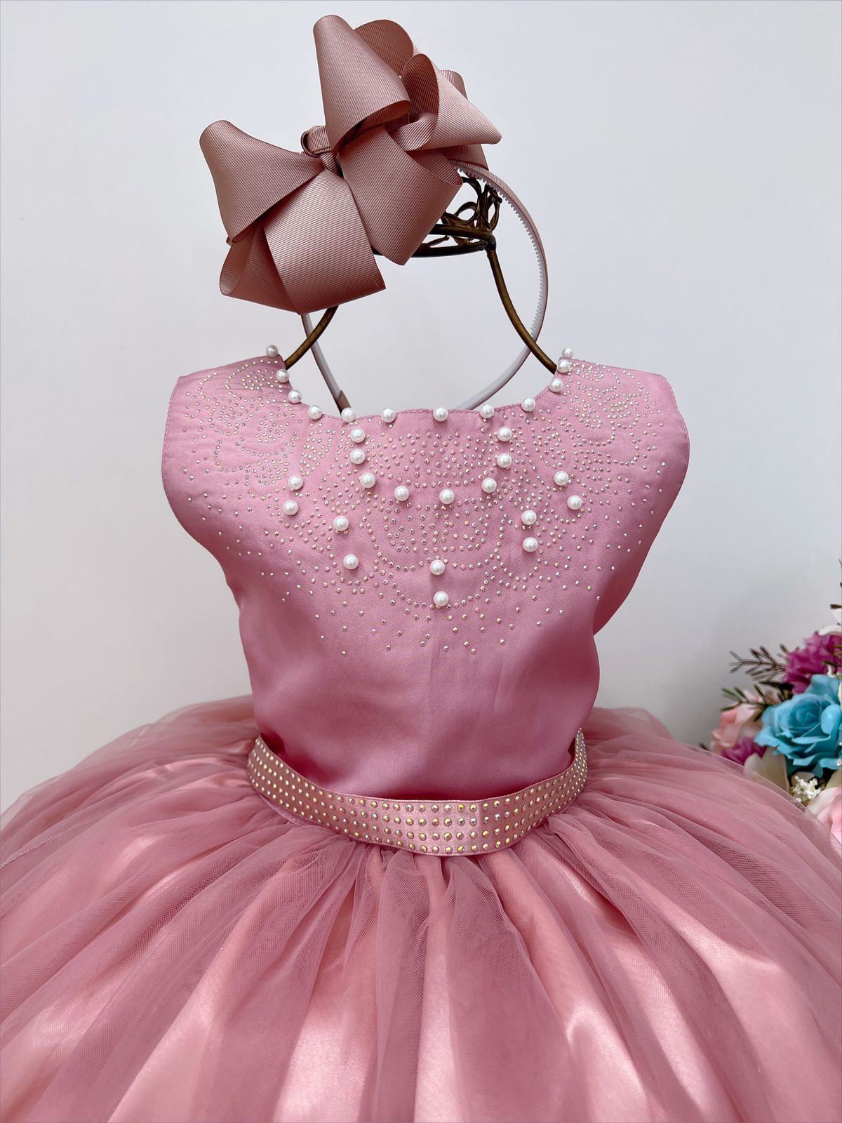 Vestido Infantil Longo Damas de Honra Rose C/ Pérolas