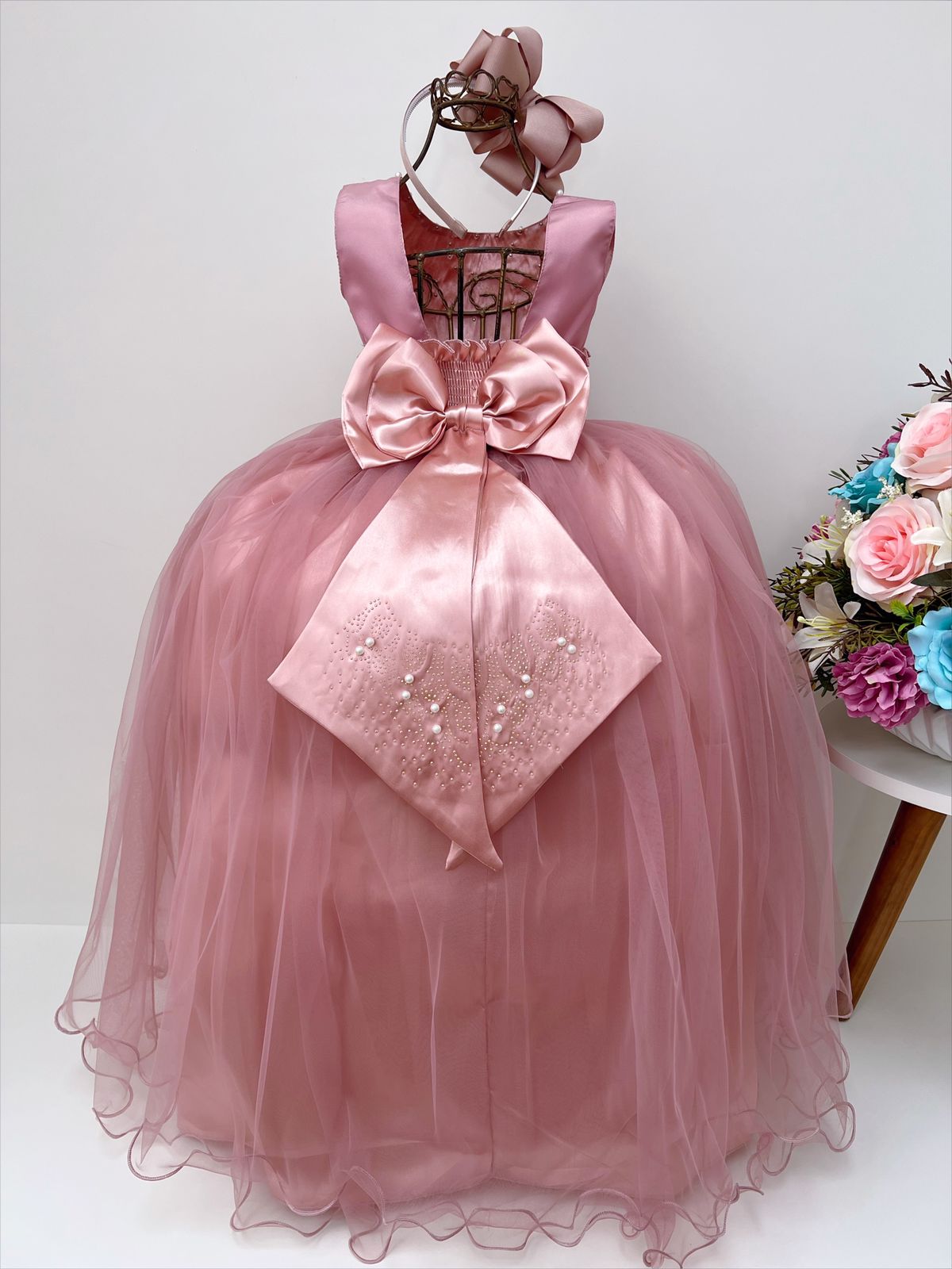 Vestido Infantil Longo Damas de Honra Rose C/ Pérolas