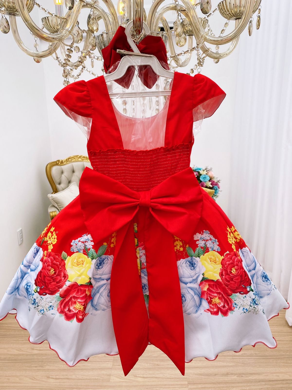 Vestido Infantil Vermelho Floral Laço Dourado Luxo Festas