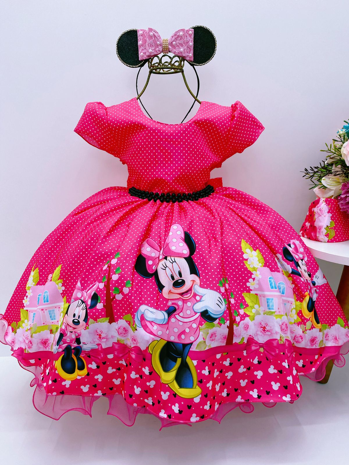 Vestido Infantil Minnie Pink Bolinhas Pérolas