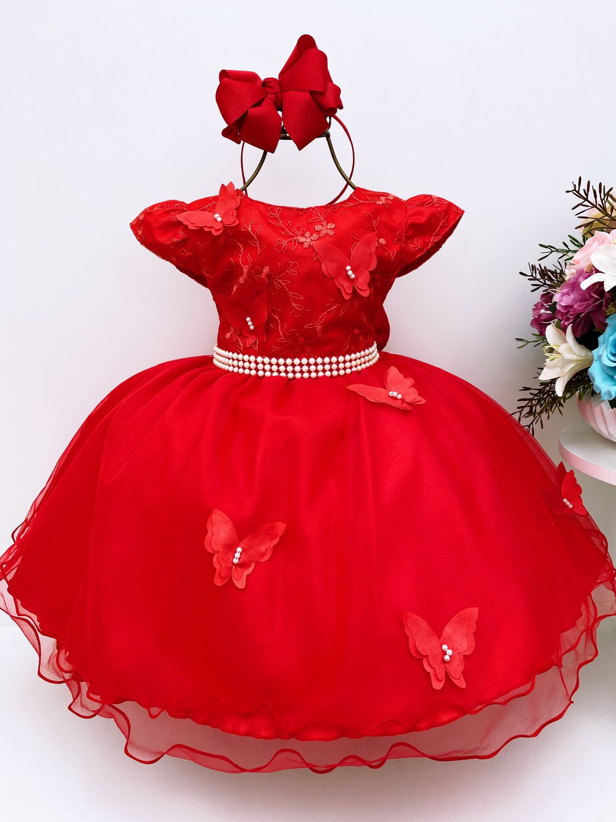 Vestido Infantil Vermelho Pérolas Renda e Aplique Borboletas