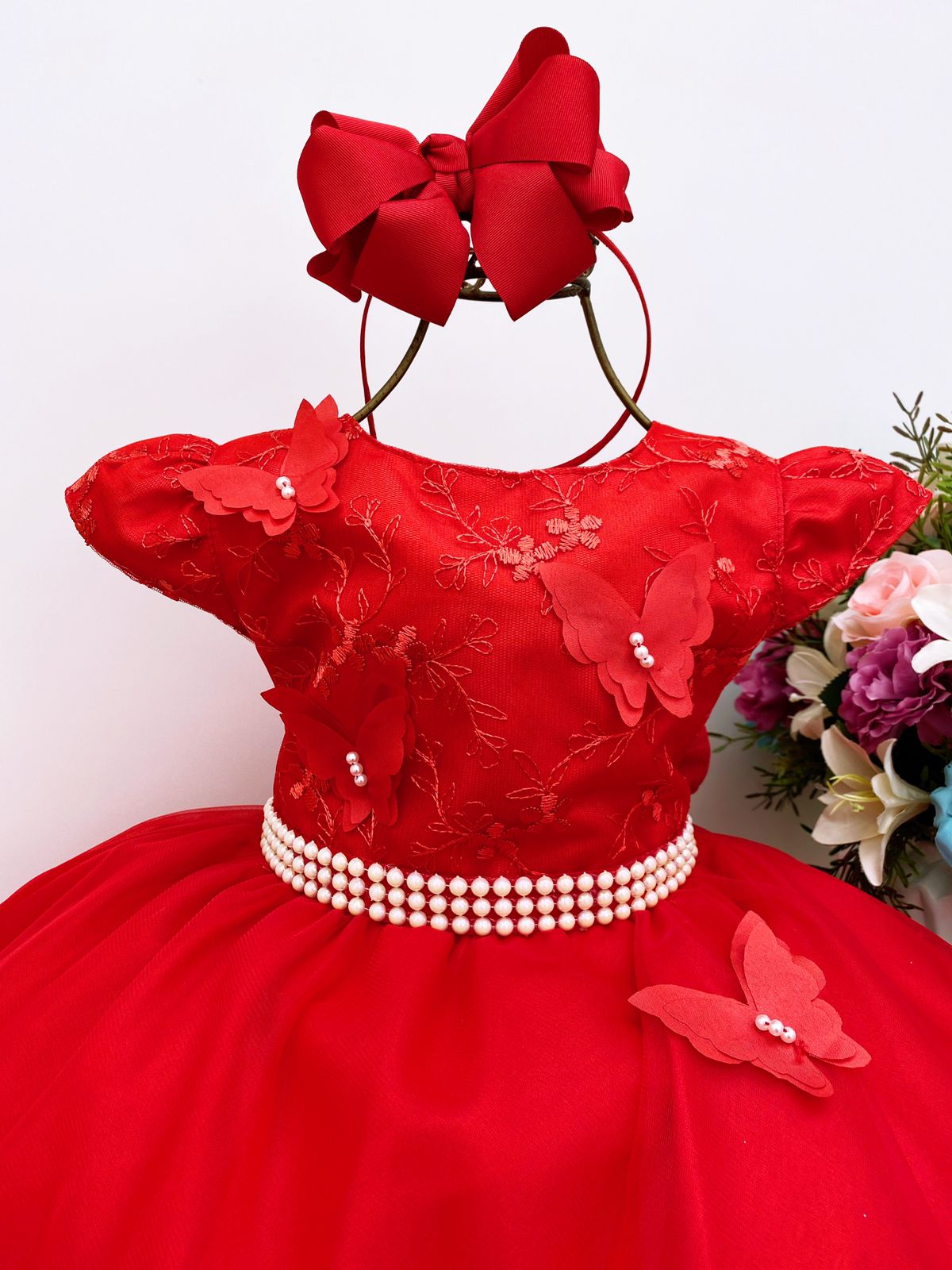 Vestido Infantil Vermelho Pérolas Renda e Aplique Borboletas