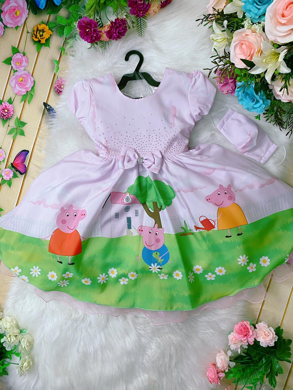 Vestido Infantil Peppa Pig Rosa Strass S/ Máscara Luxo