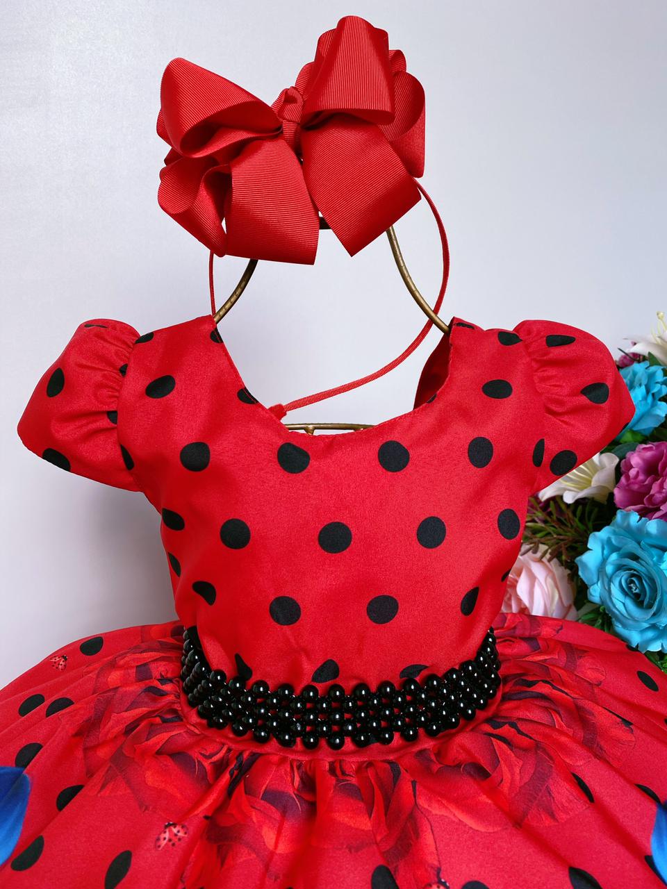 Vestido Infantil Ladybug Vermelho C/ Preto Cinto de Pérolas