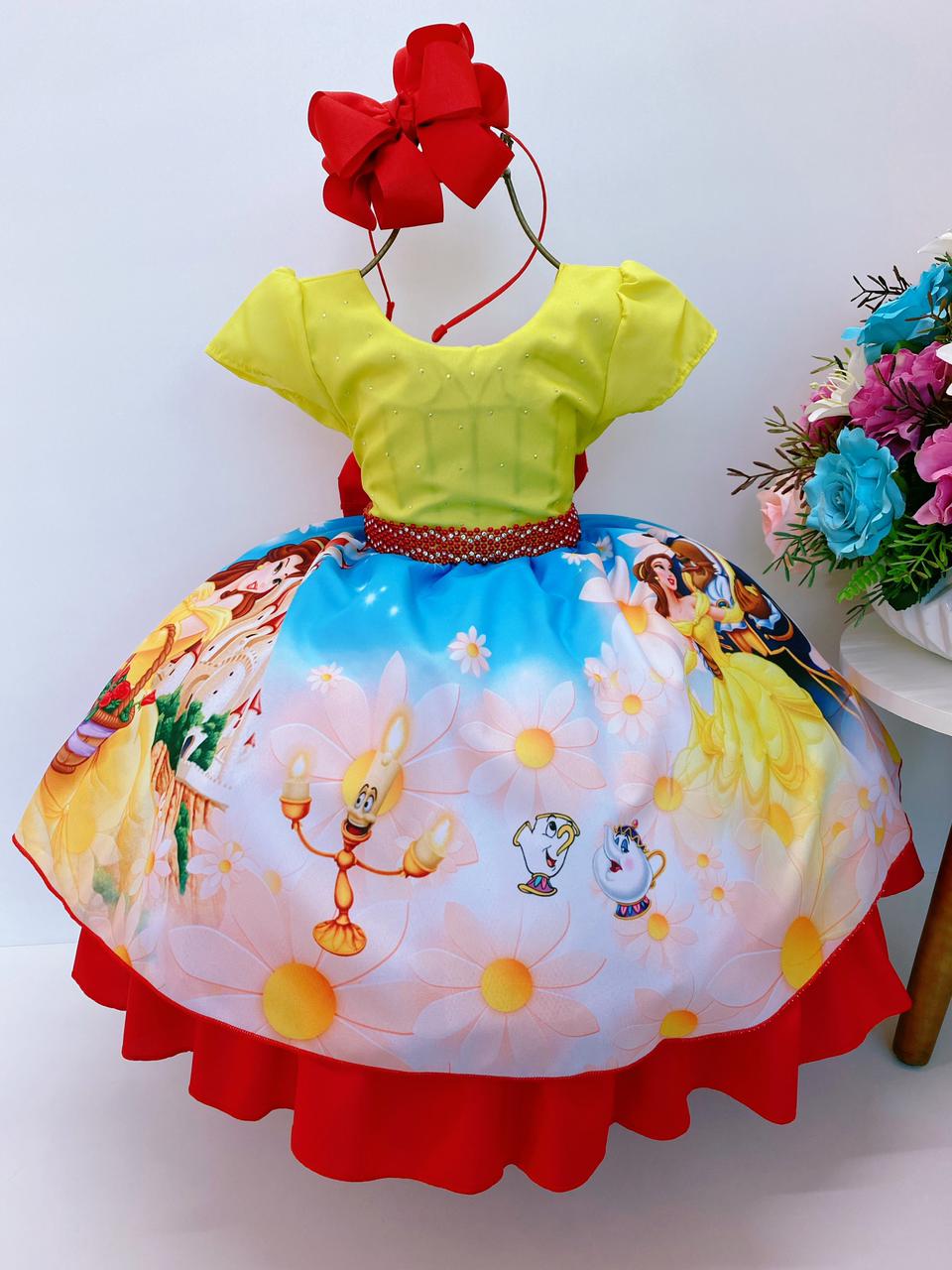 Vestido Infantil Bela e a Fera Amarelo Claro Azul e Vermelho