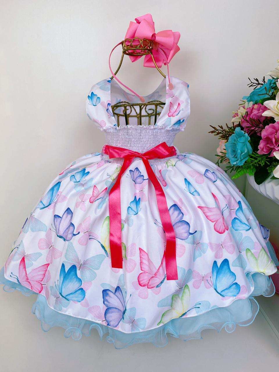 Vestido Infantil Jardim das Borboletas Branco Cinto Pink