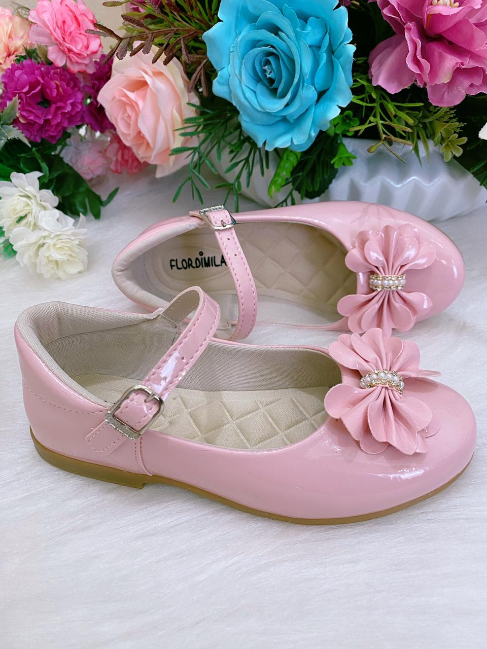 Sapatinho Rosa Verniz Flor Strass