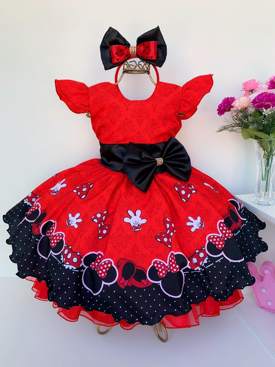 Vestido Infantil Minnie Vermelha Luxo Festas com Tiara