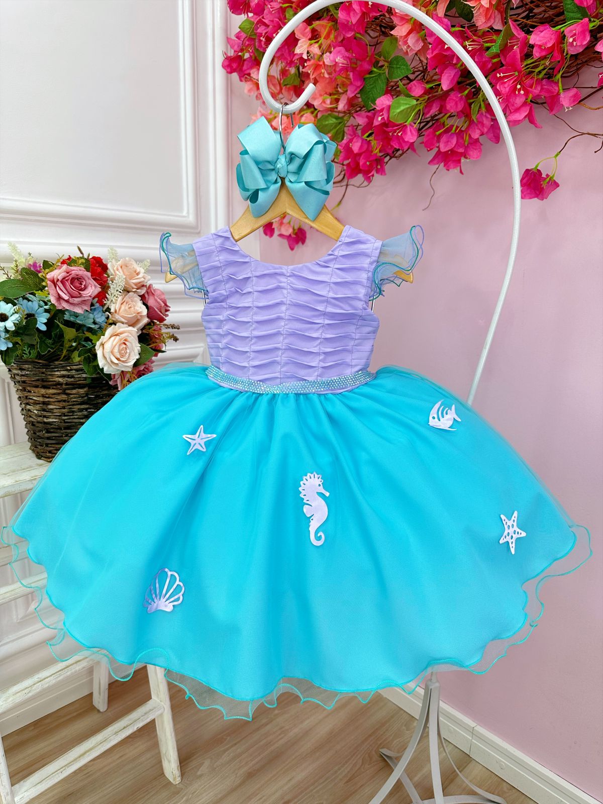 Vestido Infantil Ariel Apliques Fundo do Mar Busto Plissado