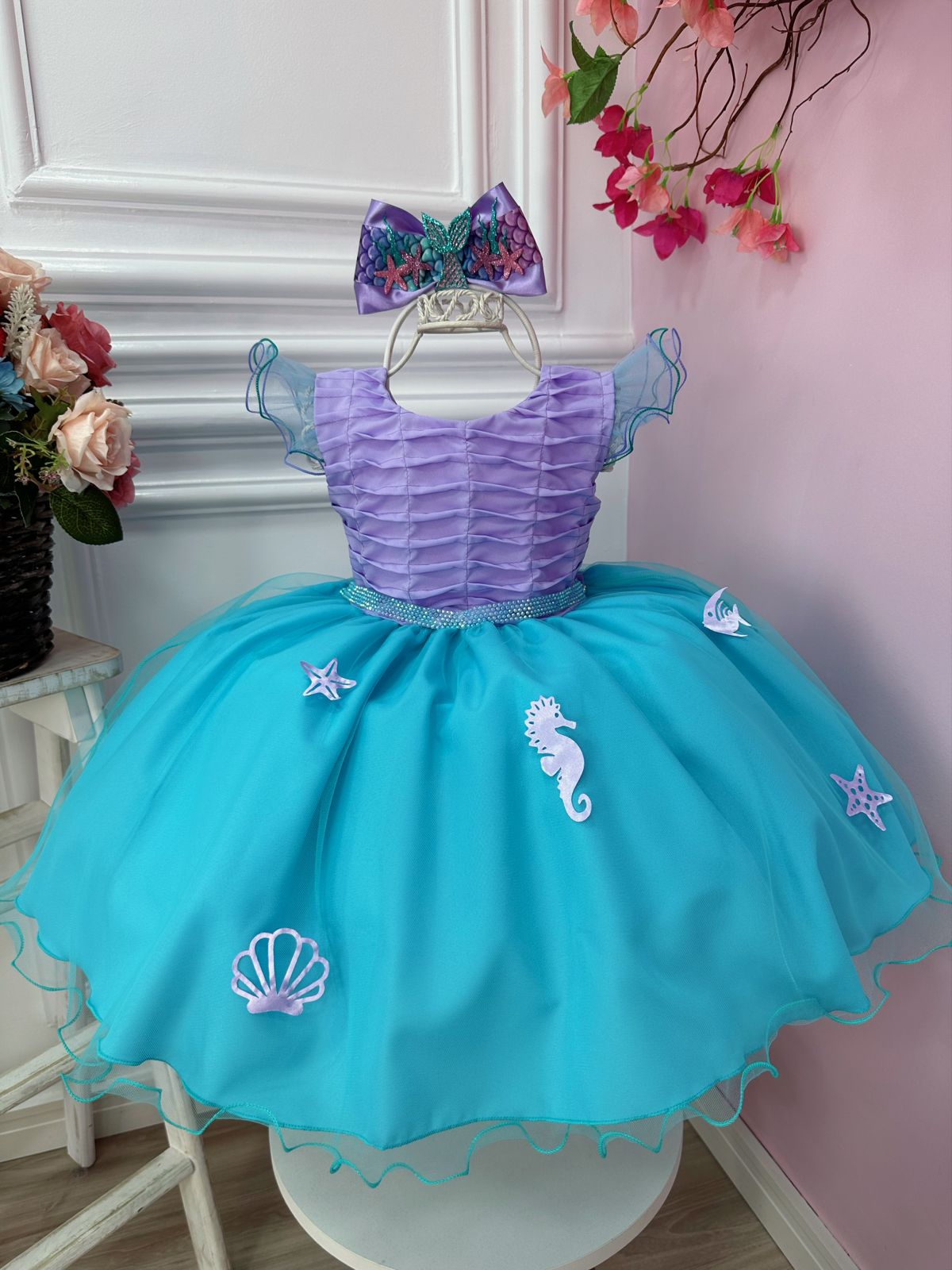 Vestido Infantil Ariel Apliques Fundo do Mar Busto Plissado