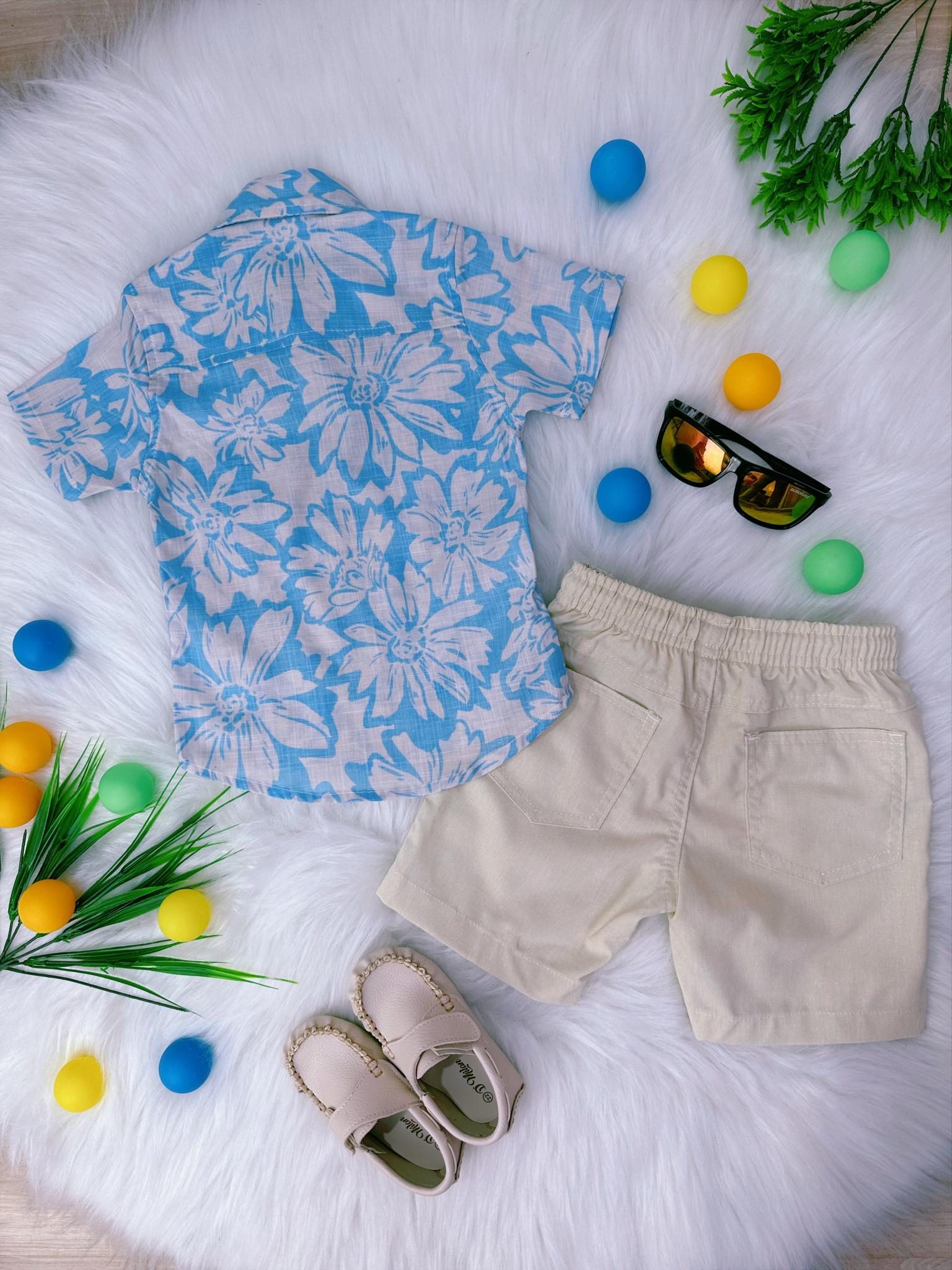 Conjunto Camisa Havaí e Short Com Cordão Marfim