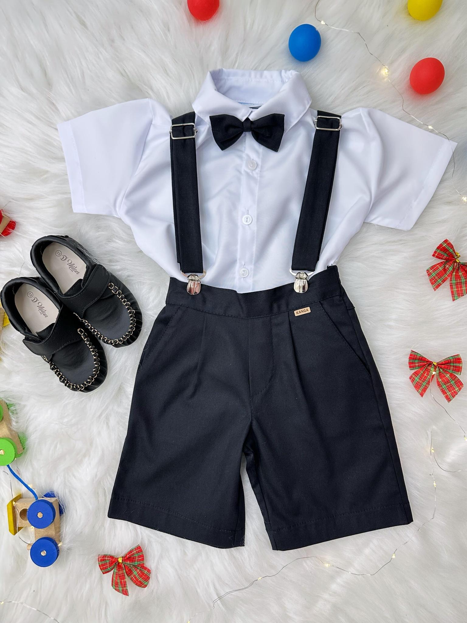 Conjunto Social Camisa Gravata Short Com Suspensório Preto