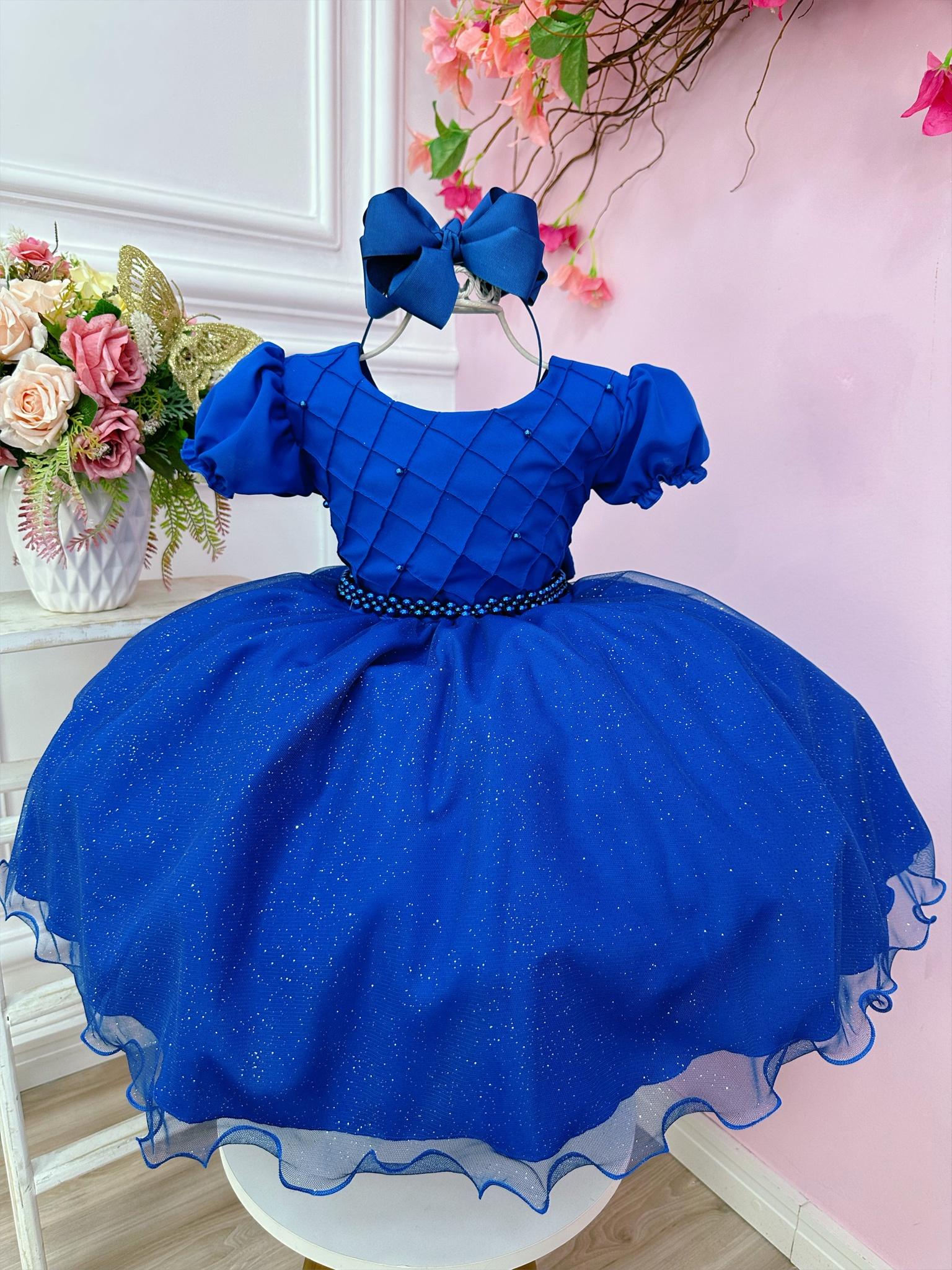 Vestido Infantil Azul Royal Busto Nervura C/ Pérolas Festas