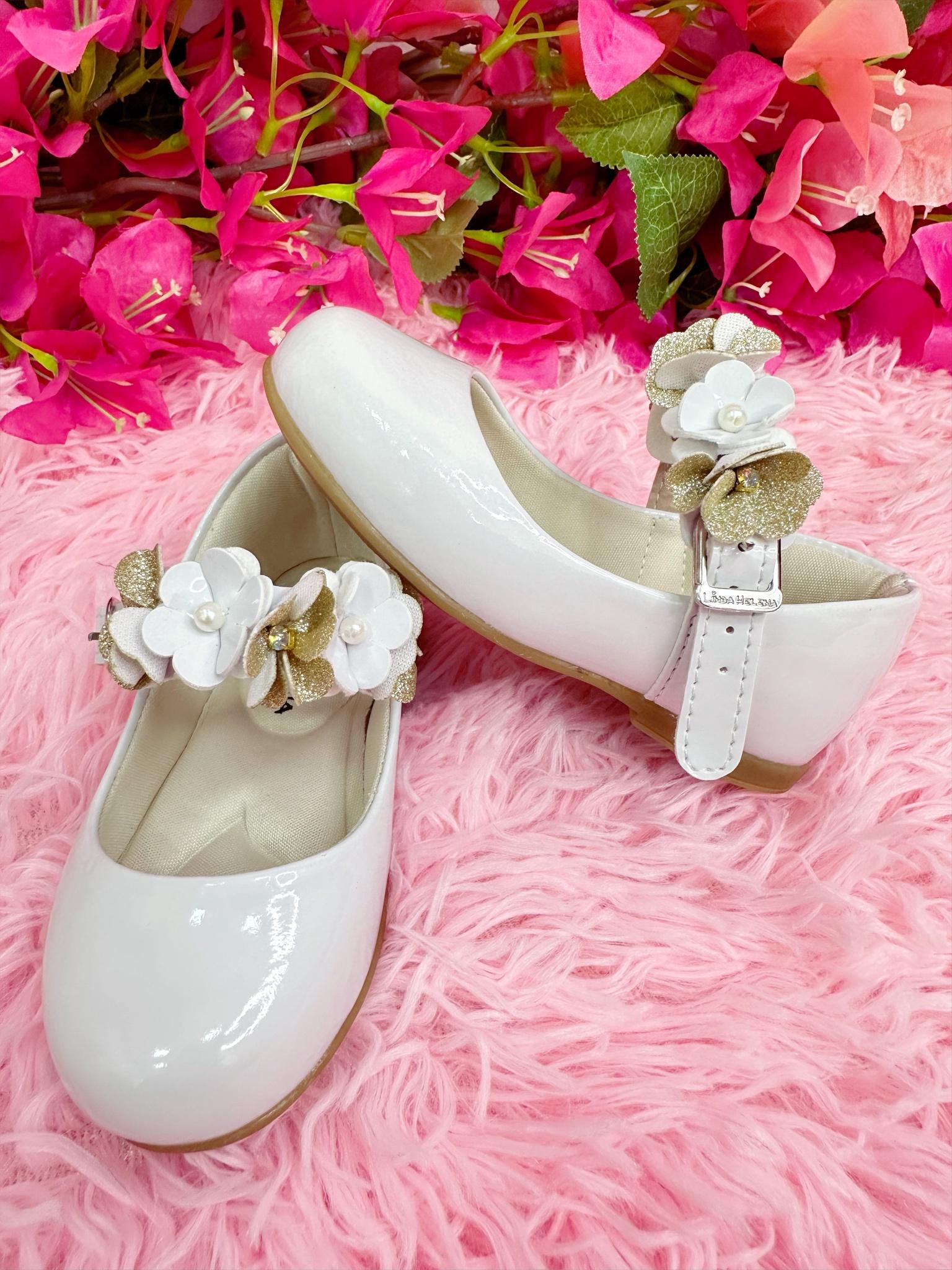 Sapatinho Branco Verniz Com Aplique de Flores Douradas Luxo