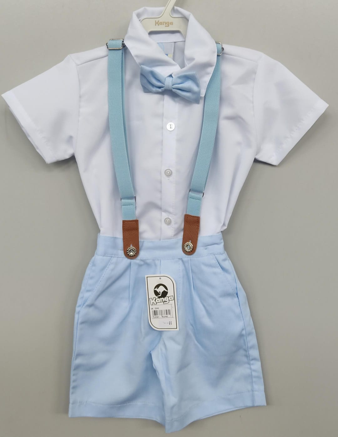 Conjunto Social Camisa Branco Short Gravata Susp. Azul Bebê