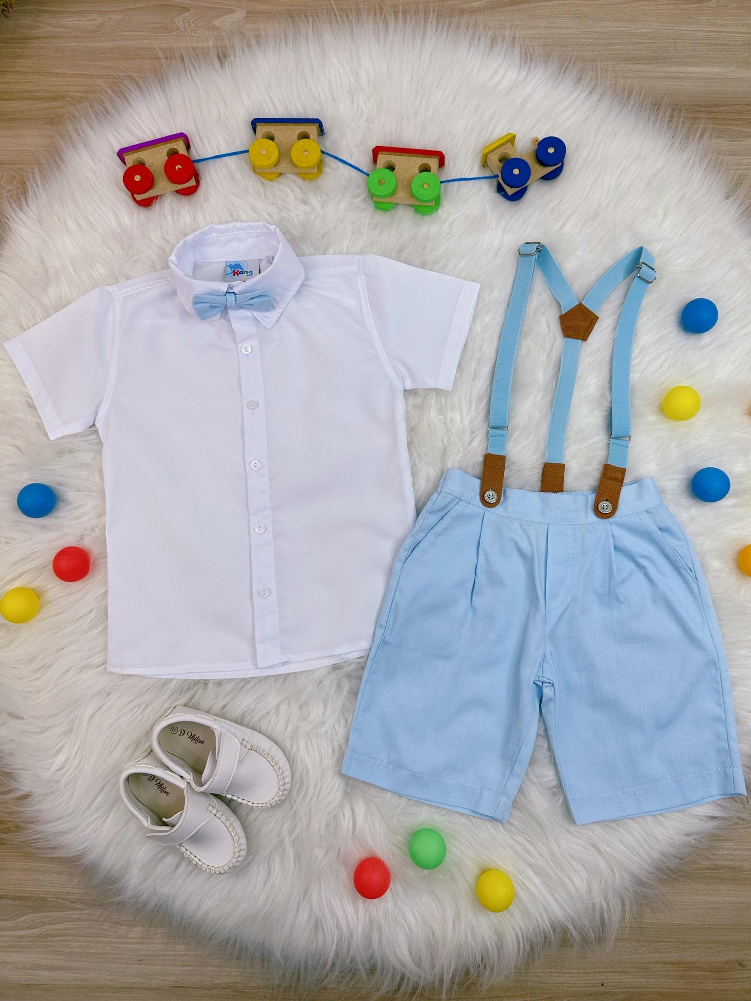 Conjunto Social Camisa Branco Short Gravata Susp. Azul Bebê