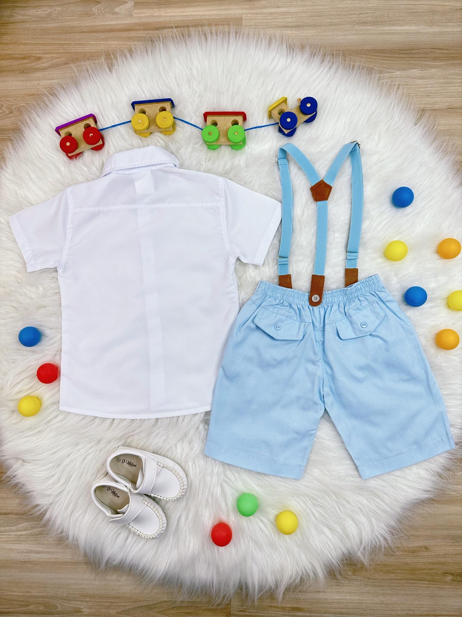 Conjunto Social Camisa Branco Short Gravata Susp. Azul Bebê