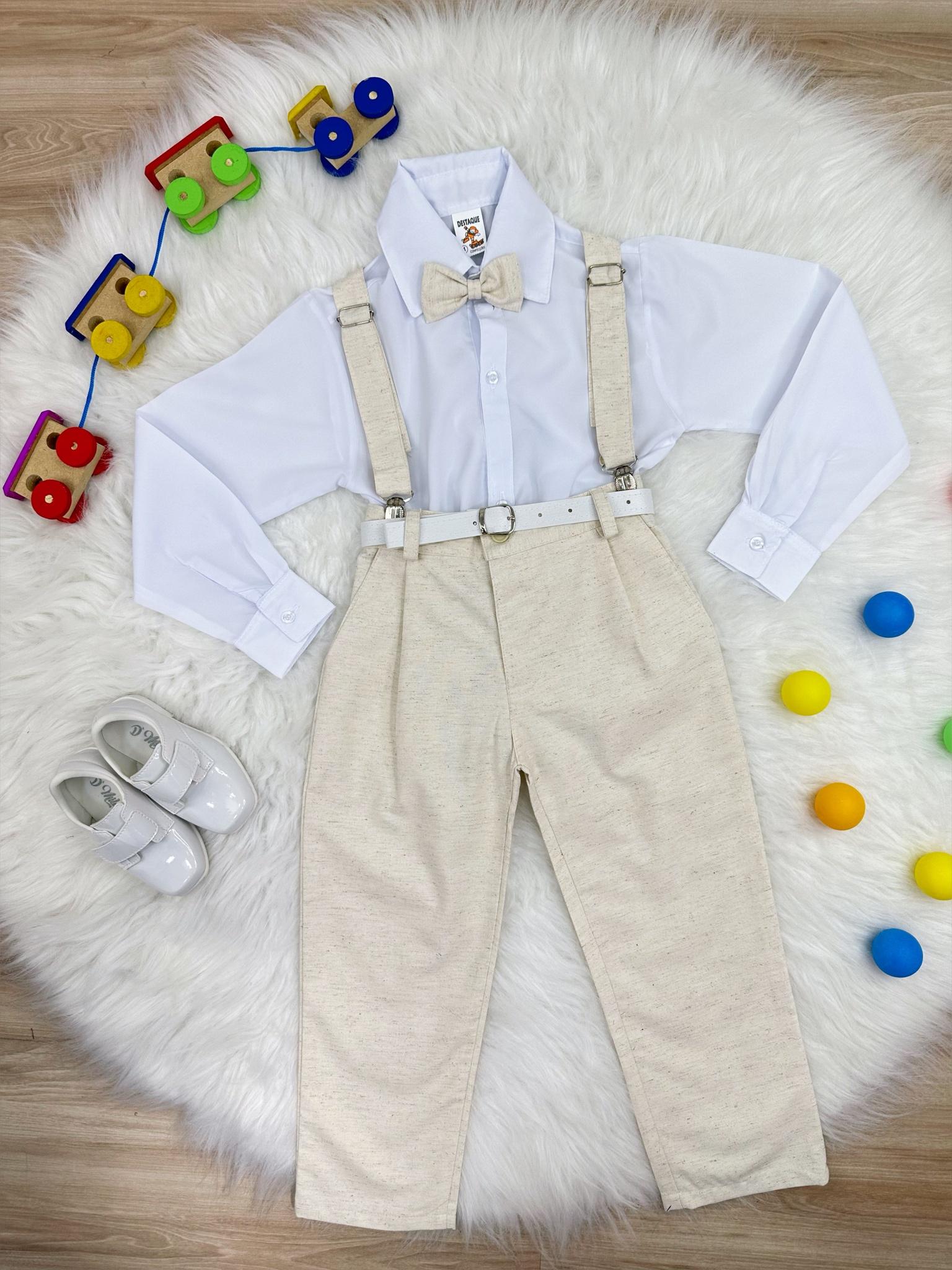 Conjunto Social Calça Gravata e Susp. Bege Camisa Branca