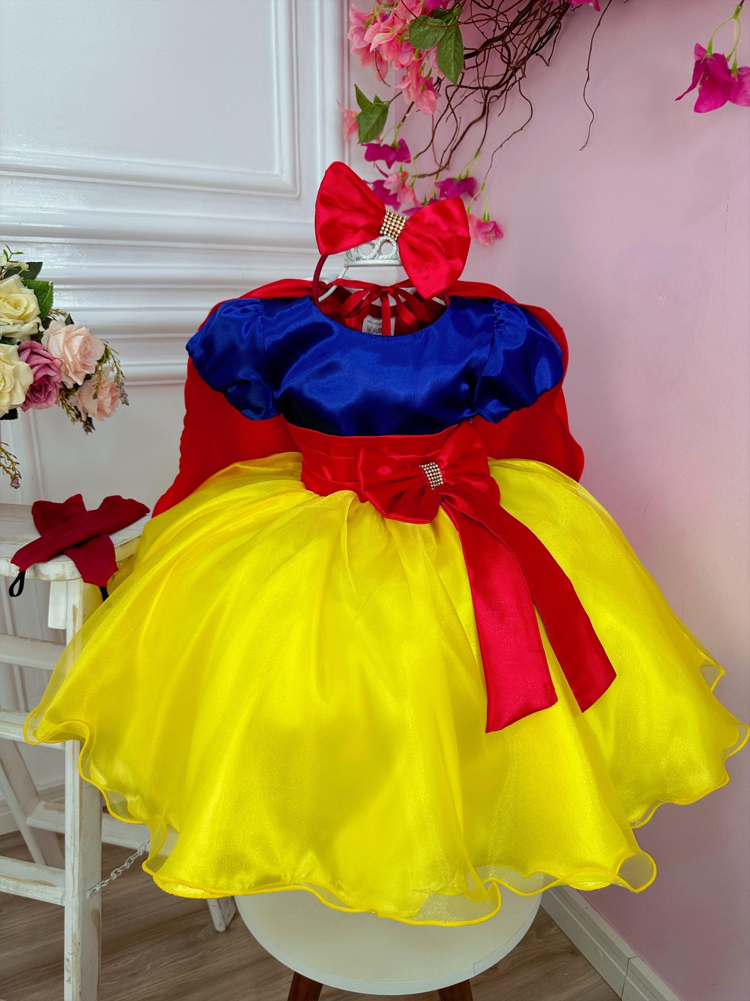 Vestido Fantasia Infantil Branca de Neve Capa e Tiara e Luva