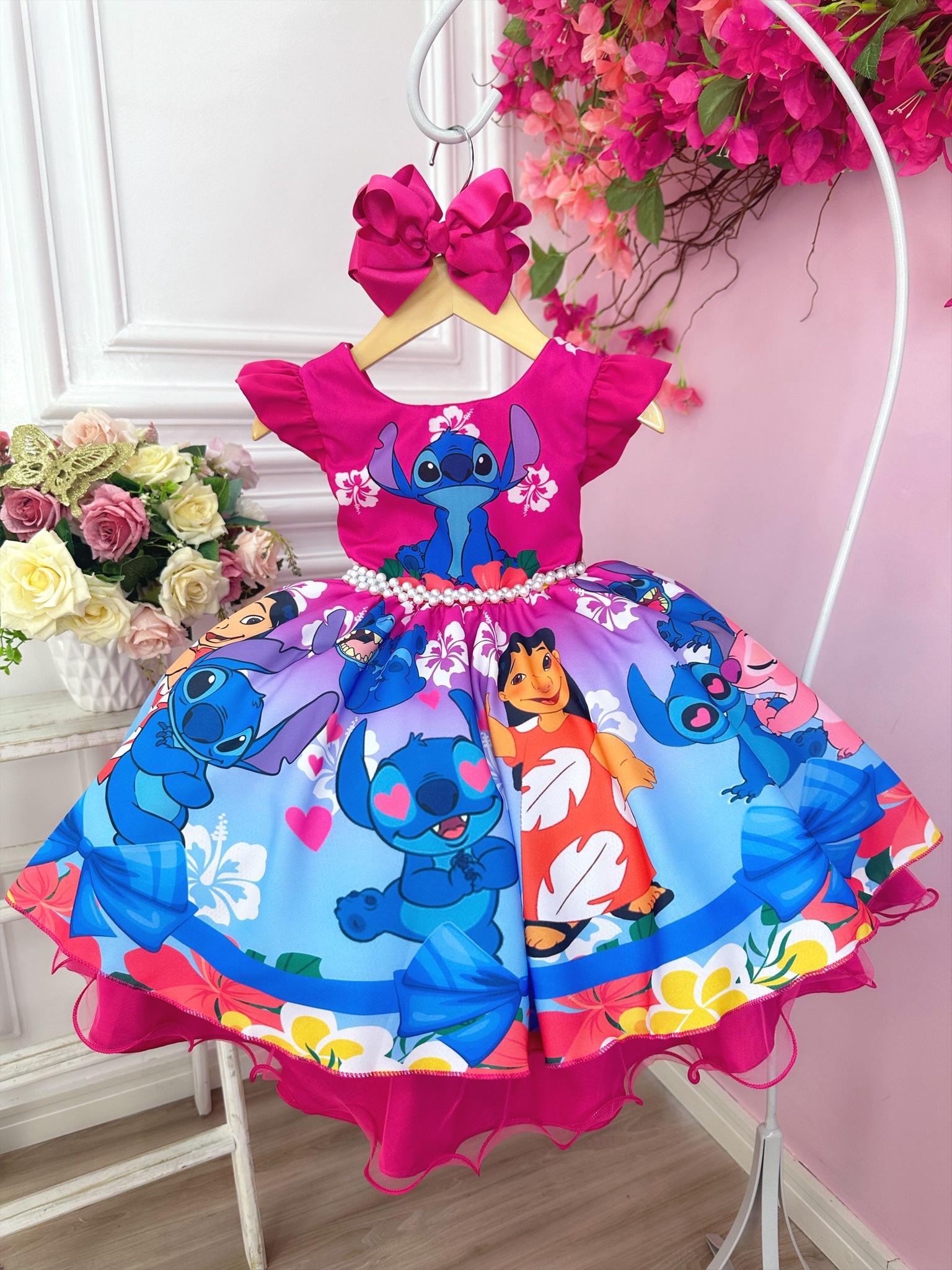 Vestido Infantil Lilo e Stitch C/ Amigos Pink Cinto Perolas