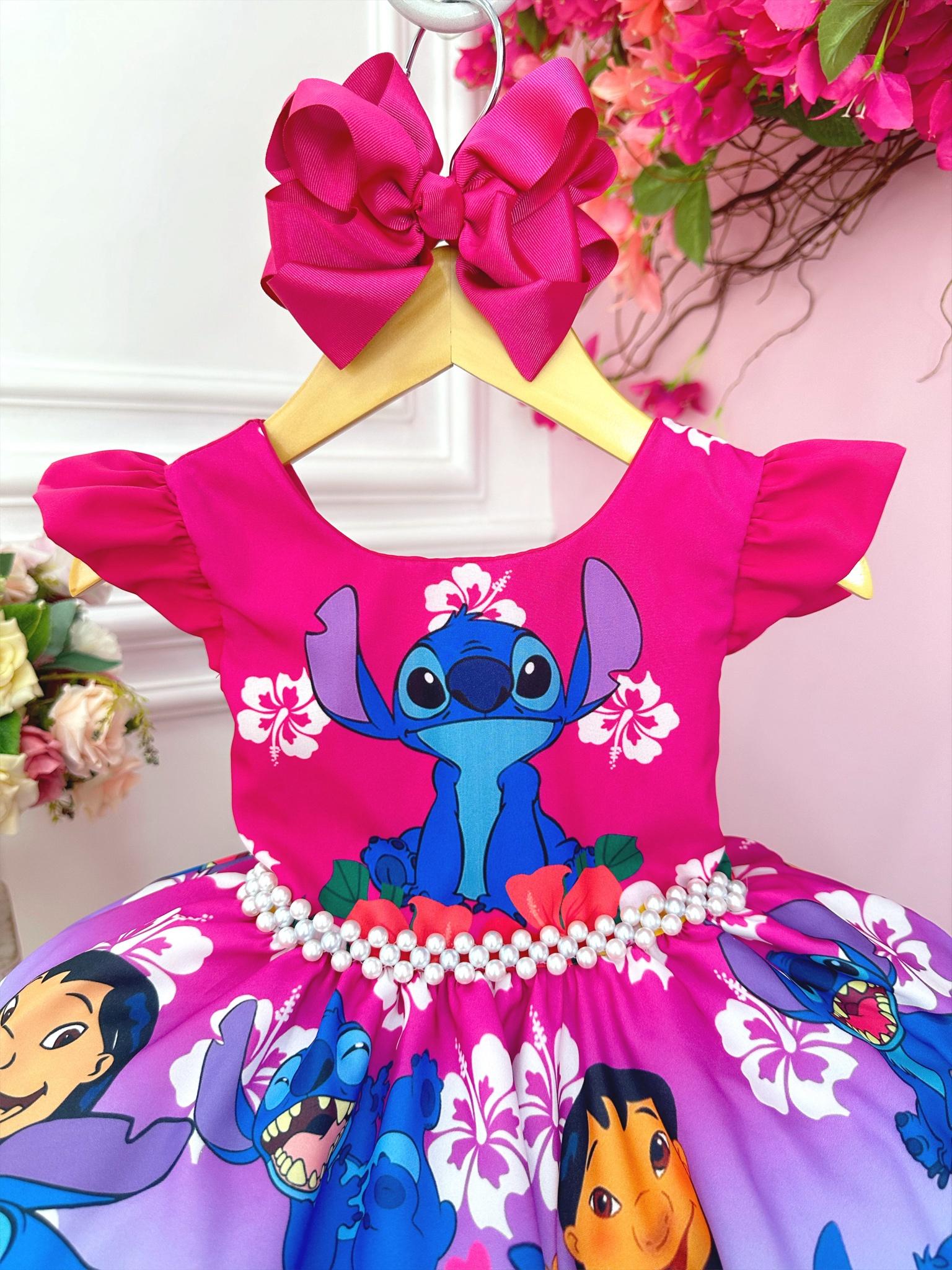 Vestido Infantil Lilo e Stitch C/ Amigos Pink Cinto Perolas