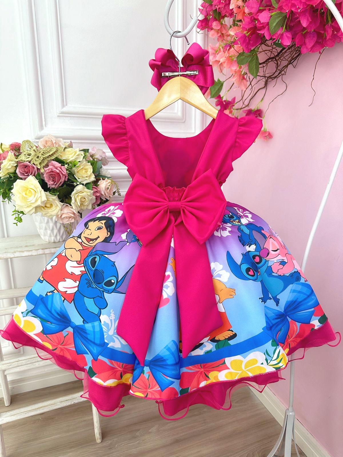 Vestido Infantil Lilo e Stitch C/ Amigos Pink Cinto Perolas