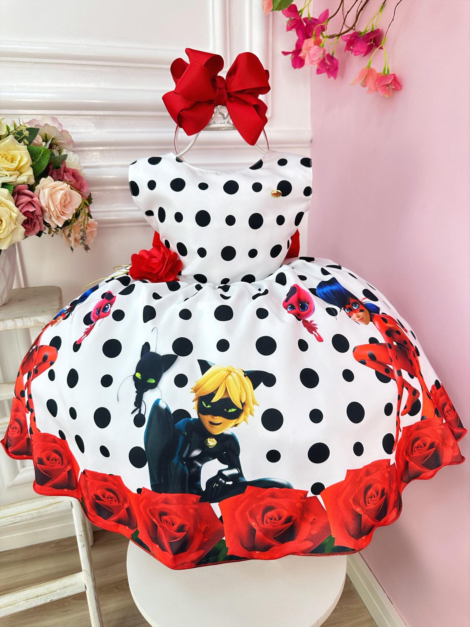 Vestido Infantil Lady Bug Branco e Preto Floral Vermelho