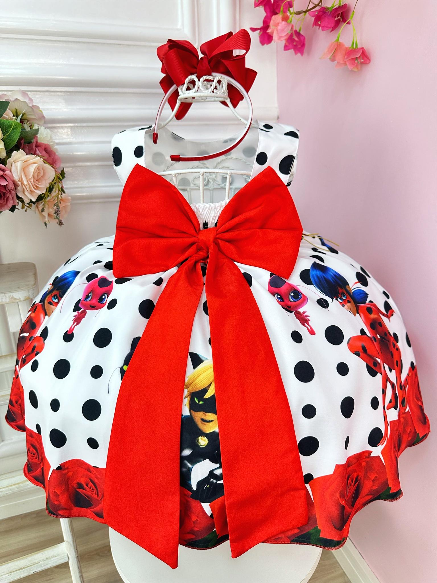 Vestido Infantil Lady Bug Branco e Preto Floral Vermelho