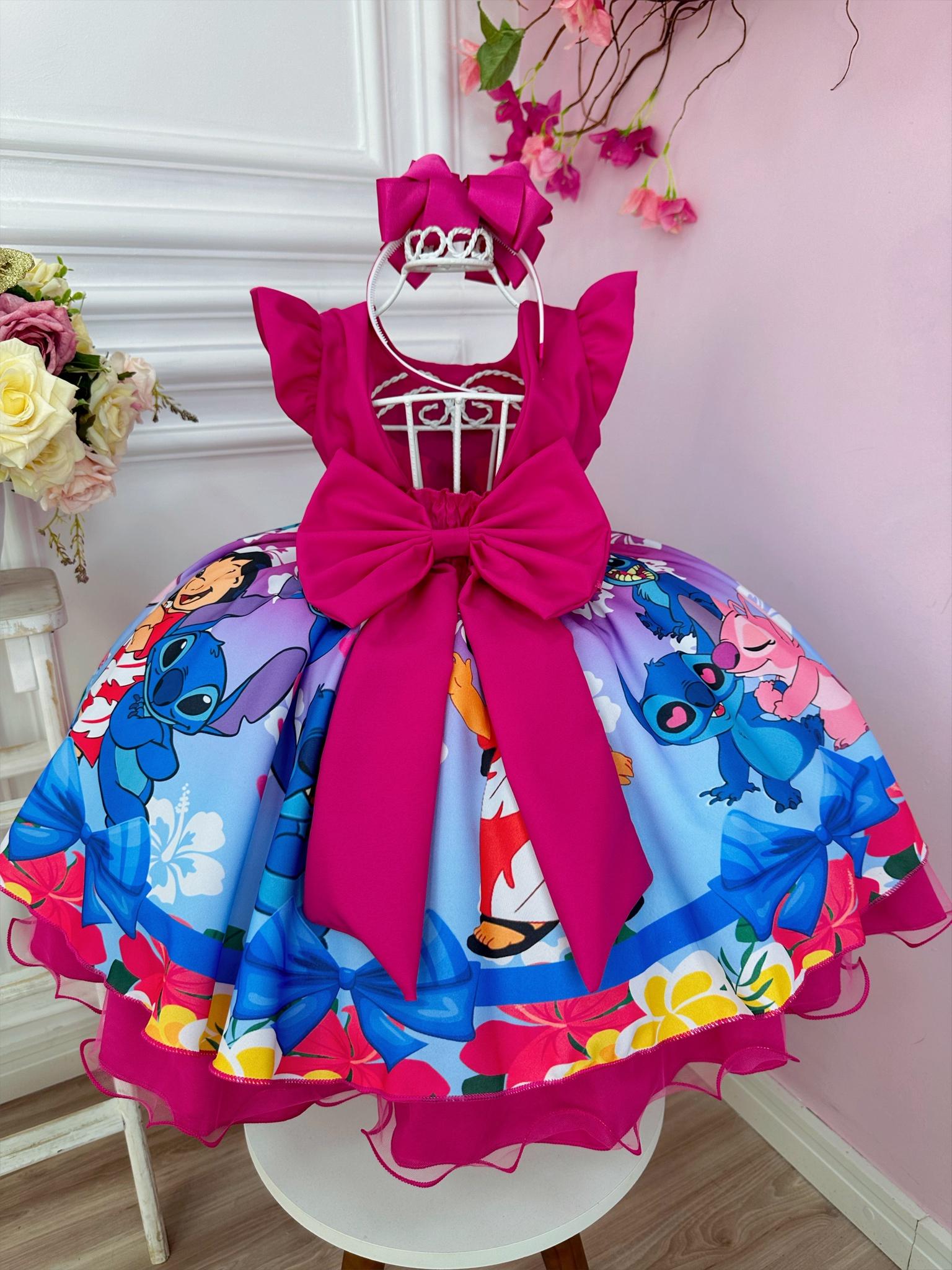 Vestido Infantil Lilo e Stitch C/ Amigos Pink Cinto Perolas