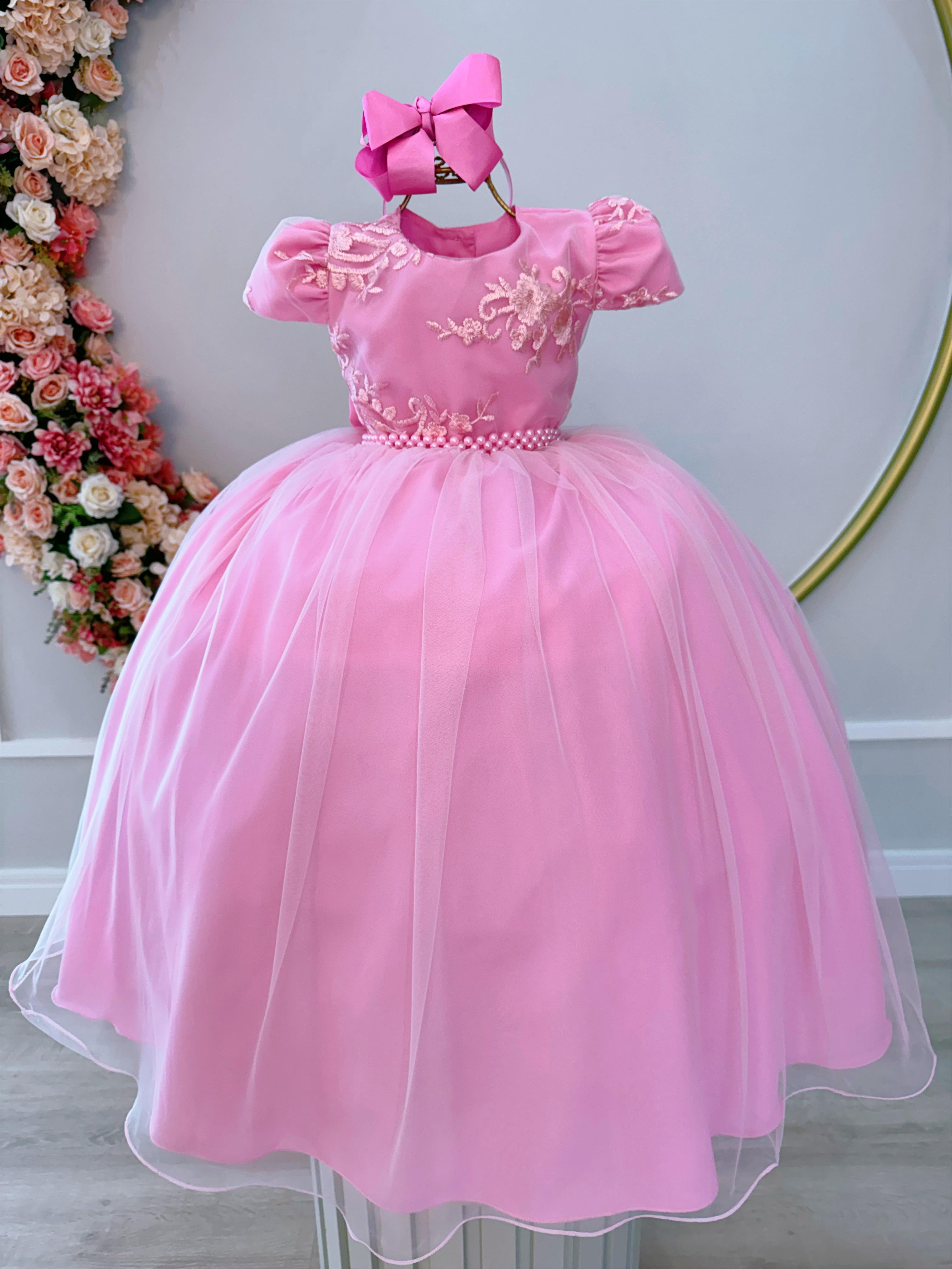 Vestido Infantil Rosa Daminhas C/ Renda e Cinto de Pérolas