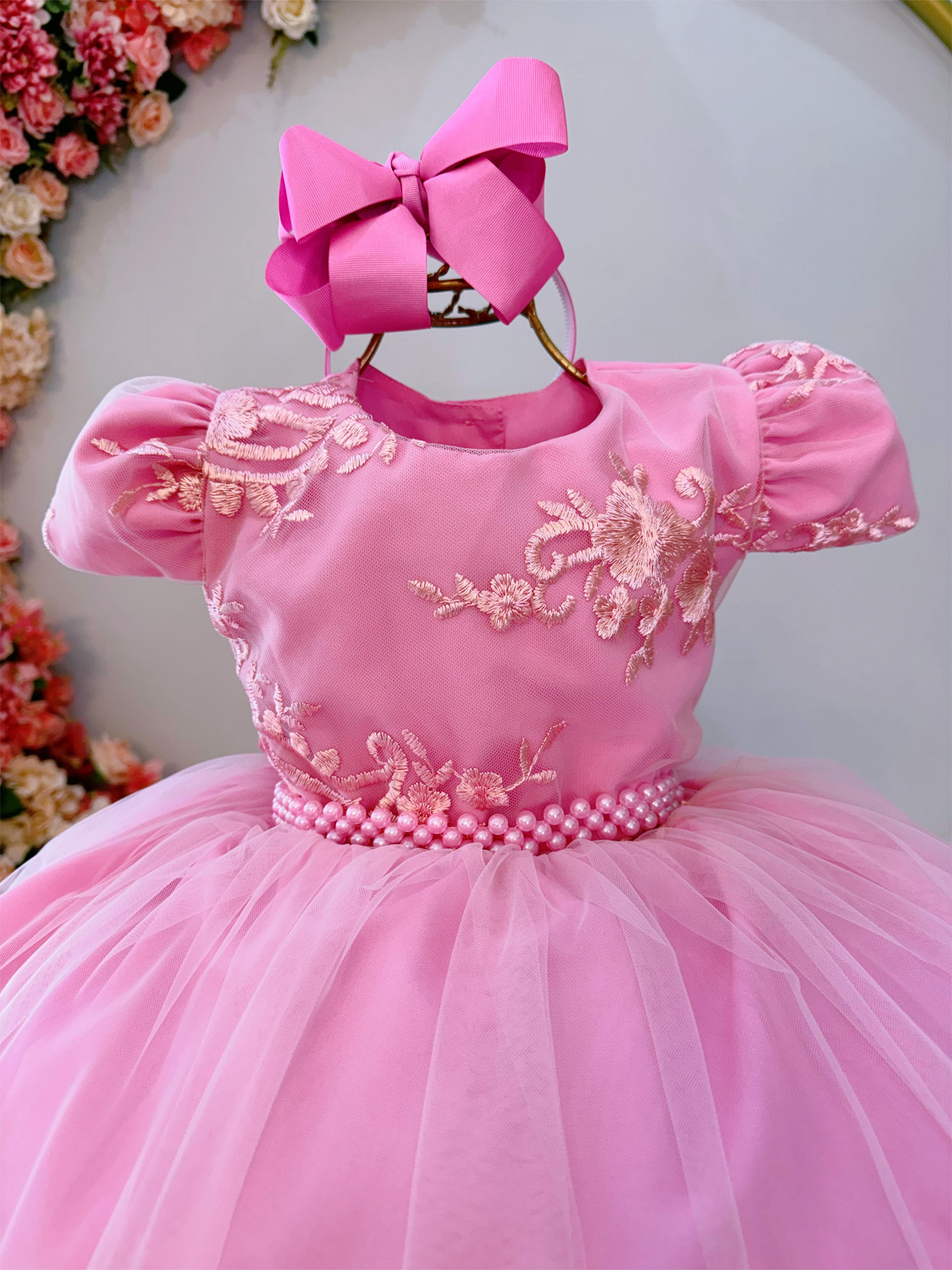 Vestido Infantil Rosa Daminhas C/ Renda e Cinto de Pérolas