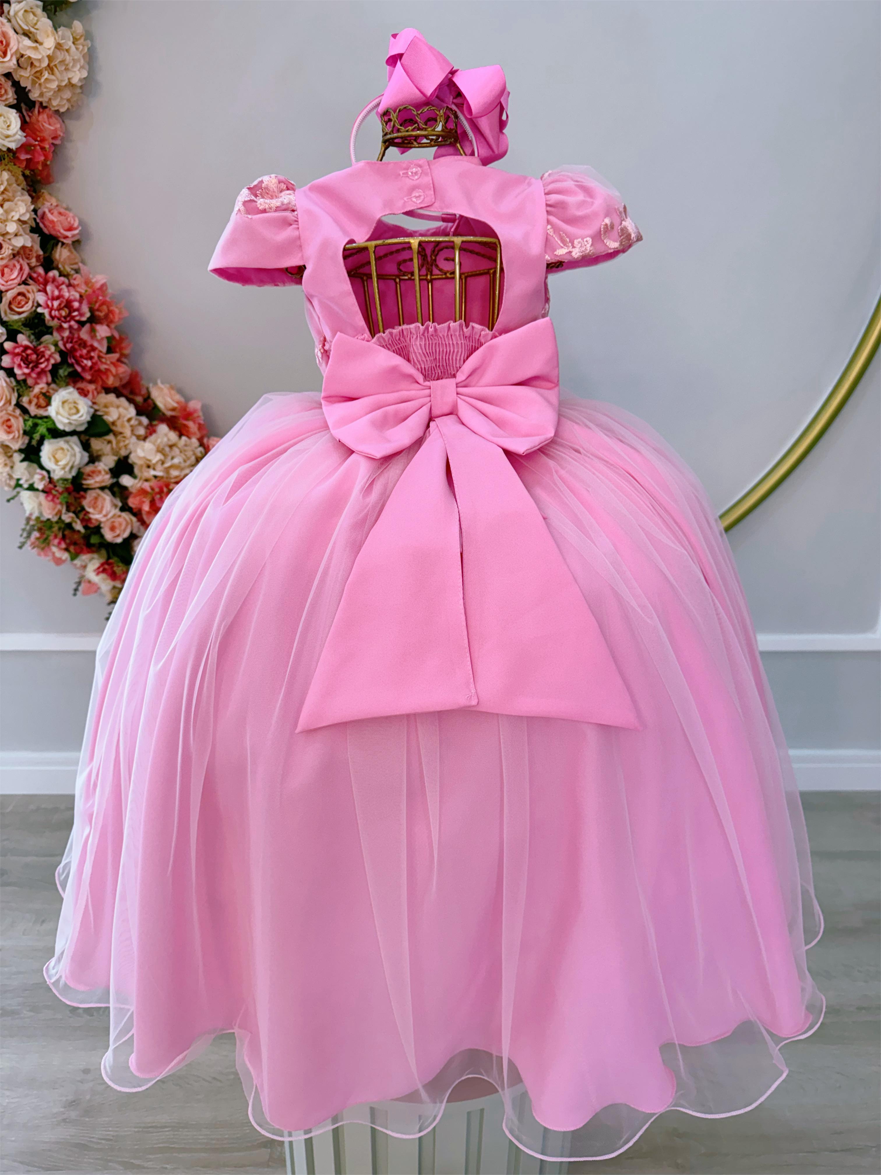 Vestido Infantil Rosa Daminhas C/ Renda e Cinto de Pérolas