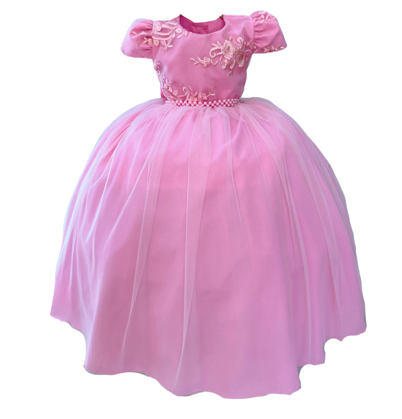 Vestido Infantil Rosa Daminhas C/ Renda e Cinto de Pérolas
