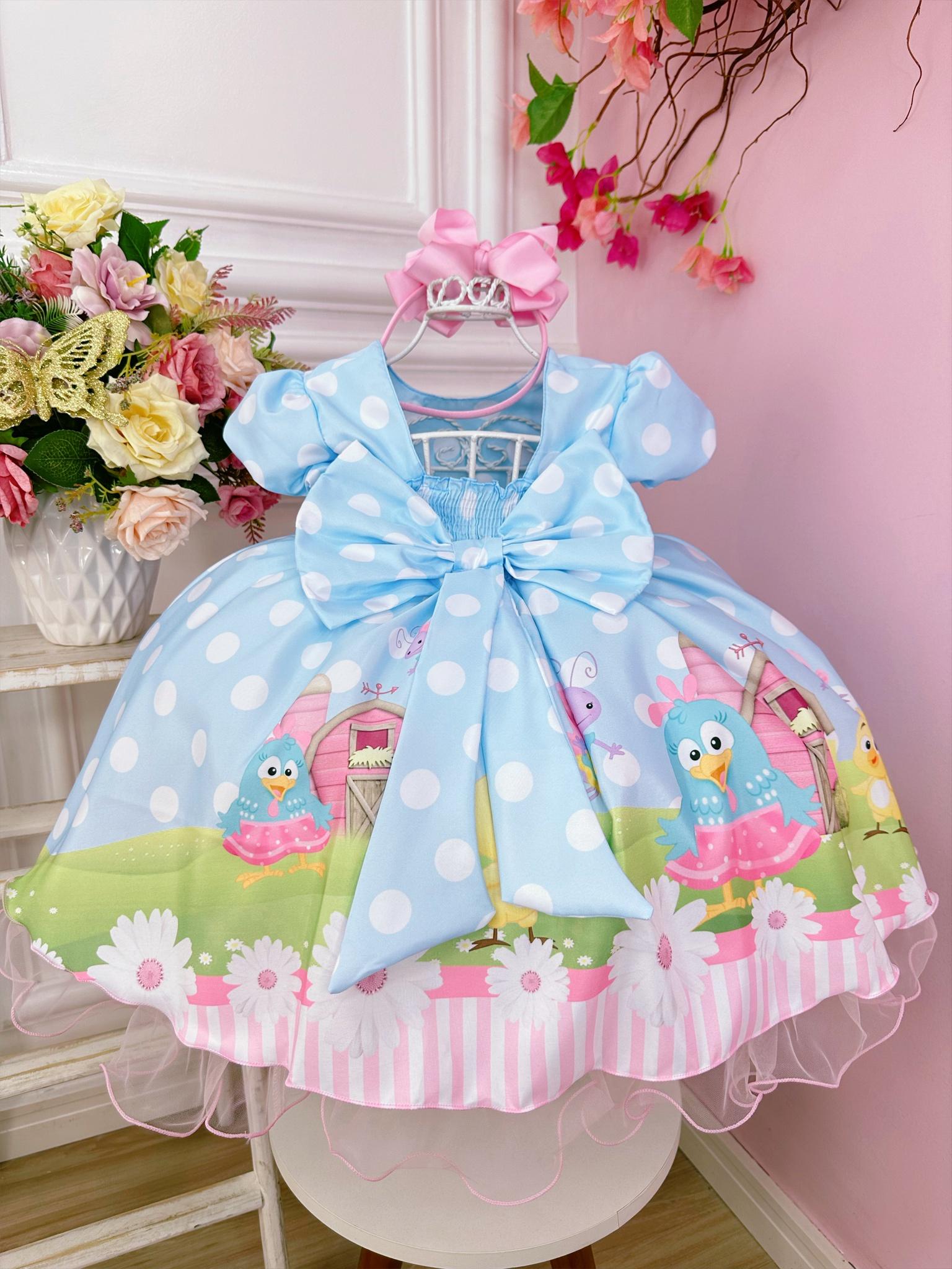 Vestido Infantil Galinha Pintadinha Azul Bolinhas Brancas