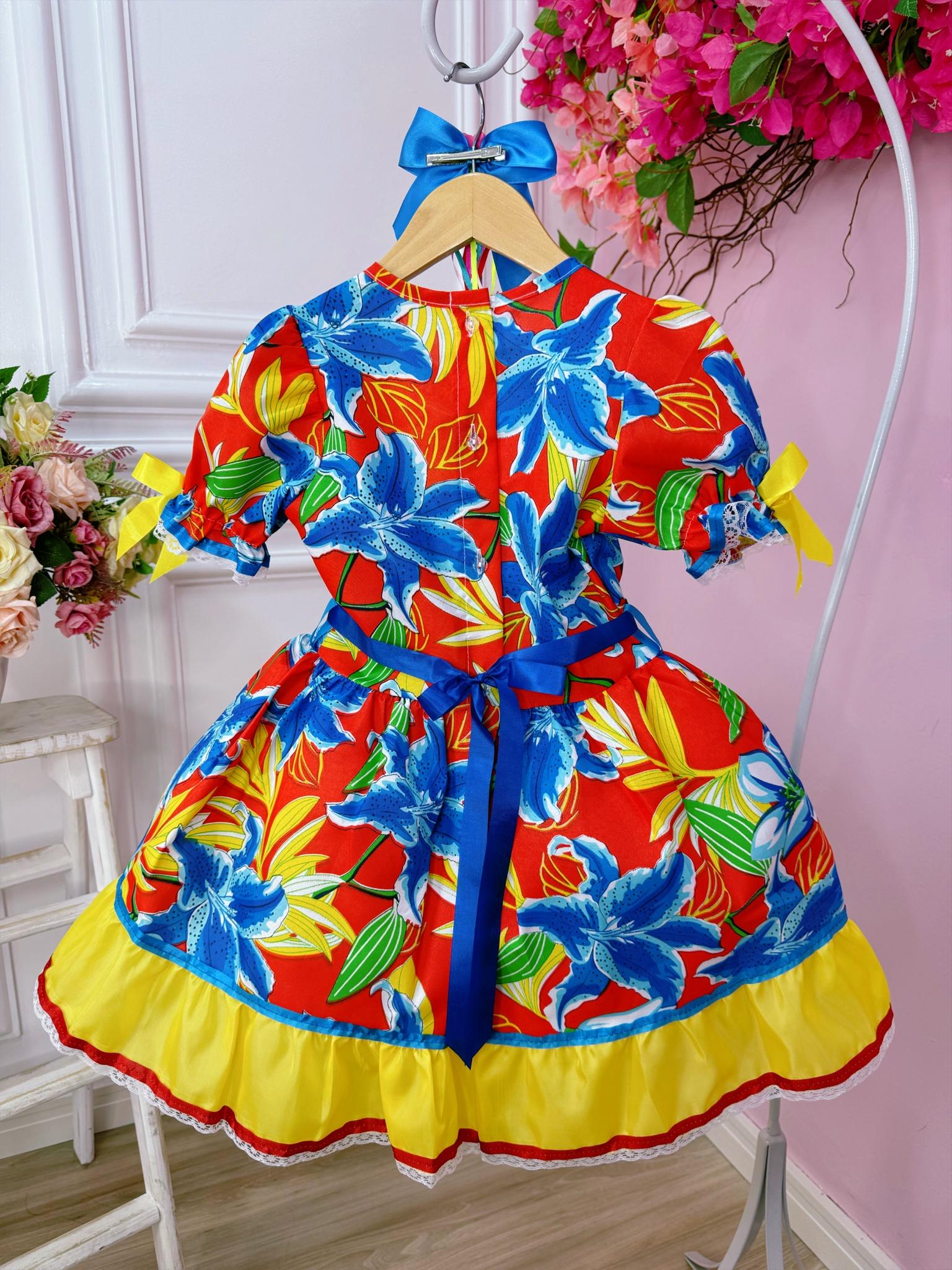 Fantasia Infantil Junino Azul Amarelo Com Estampa Colorida