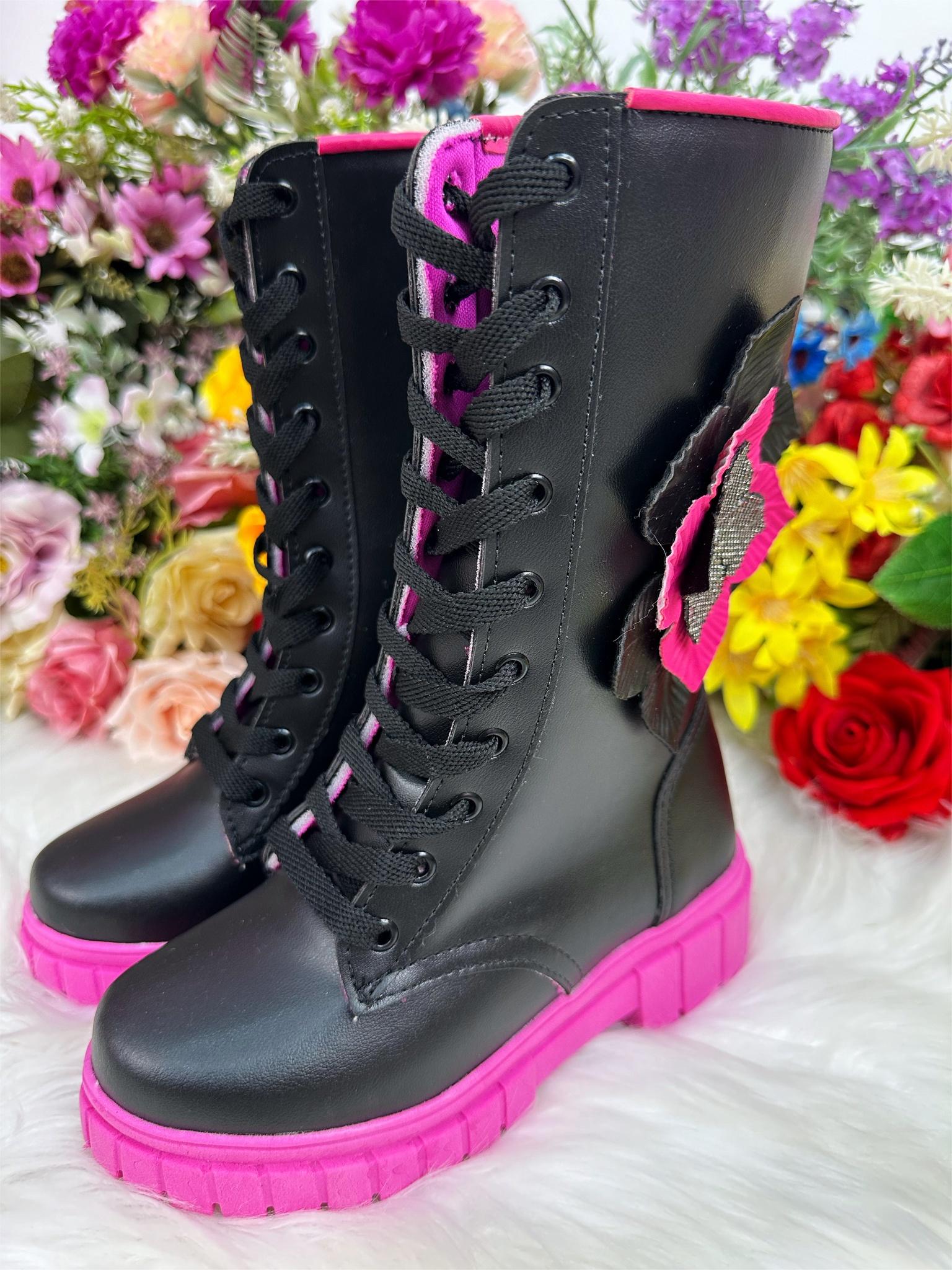 Botinha Infantil Cano Alto Preto e Rosa Com Cadarço e Ziper