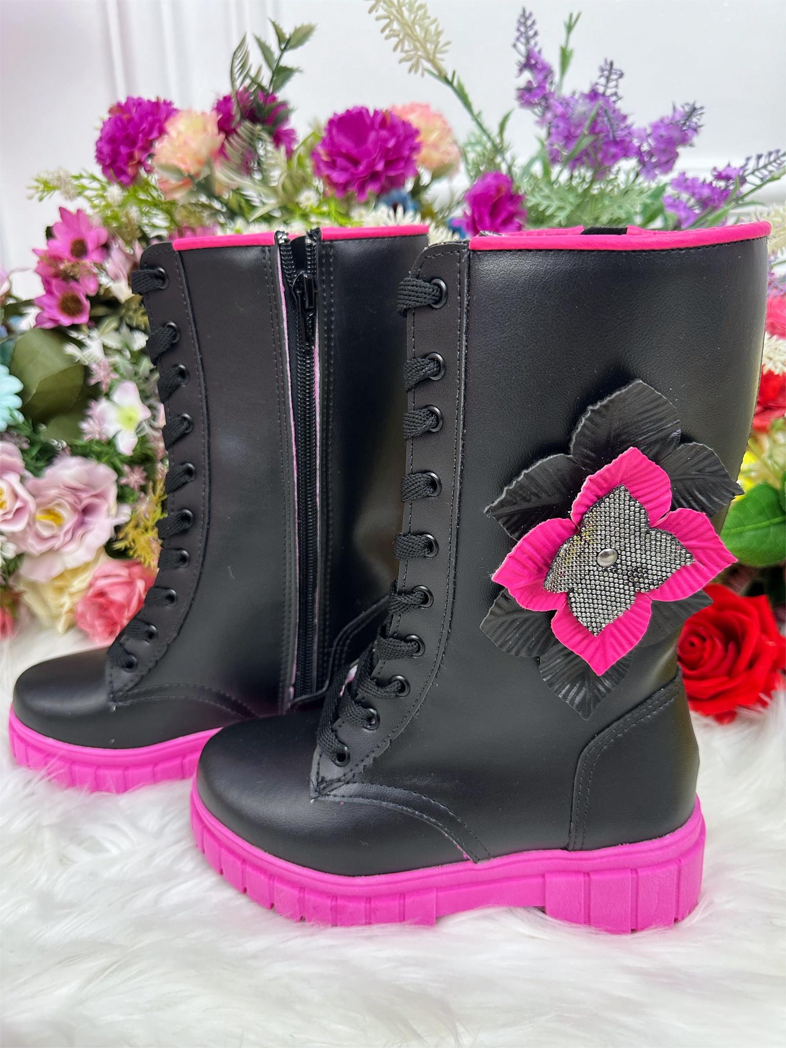 Botinha Infantil Cano Alto Preto e Rosa Com Cadarço e Ziper