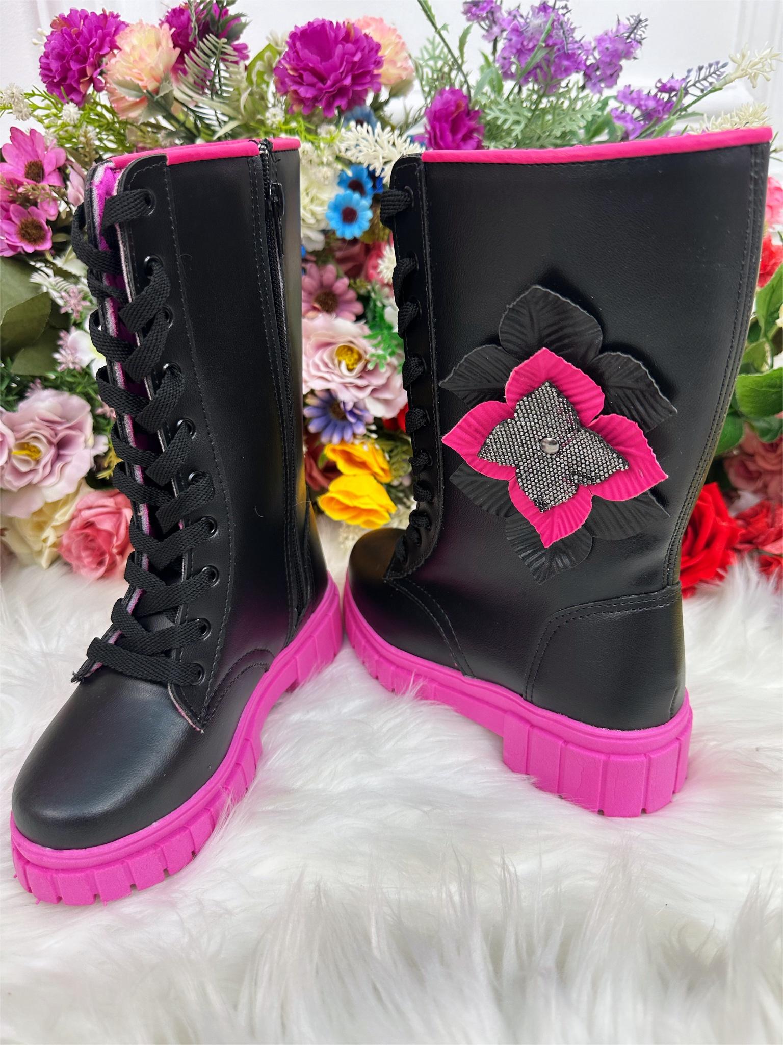 Botinha Infantil Cano Alto Preto e Rosa Com Cadarço e Ziper