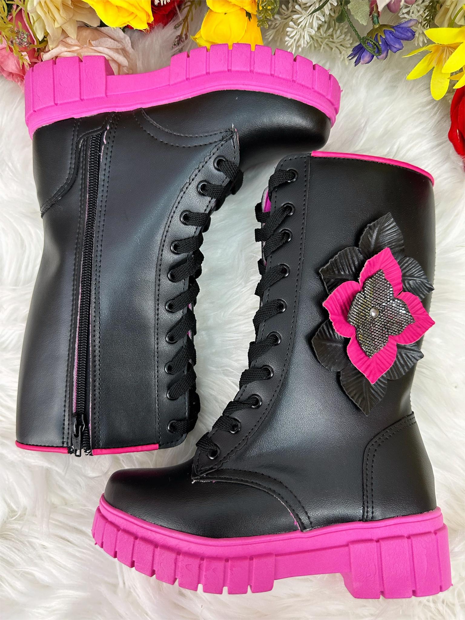 Botinha Infantil Cano Alto Preto e Rosa Com Cadarço e Ziper