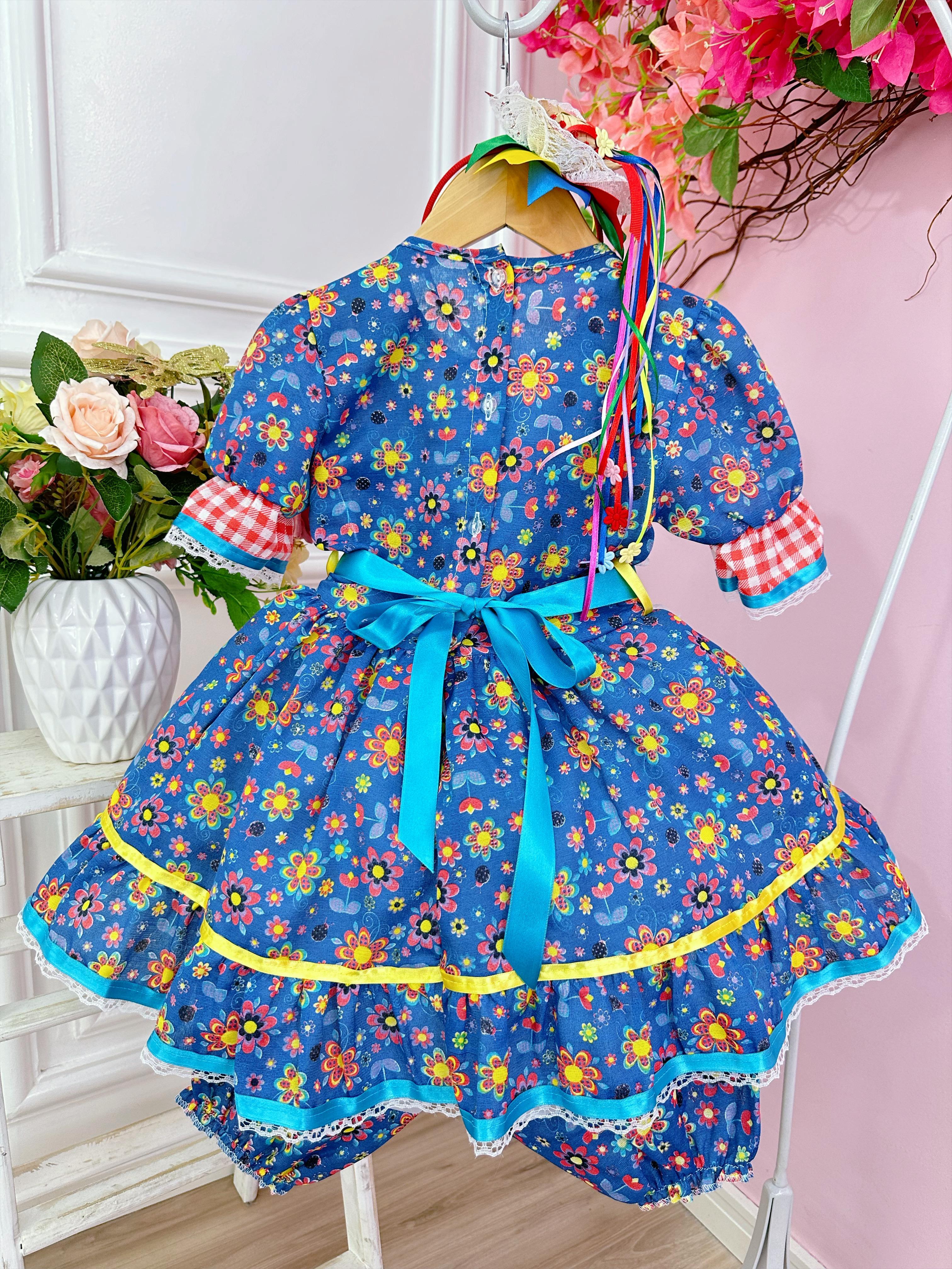 Fantasia Infantil Junino Azul Estampa Florzinhas Festas