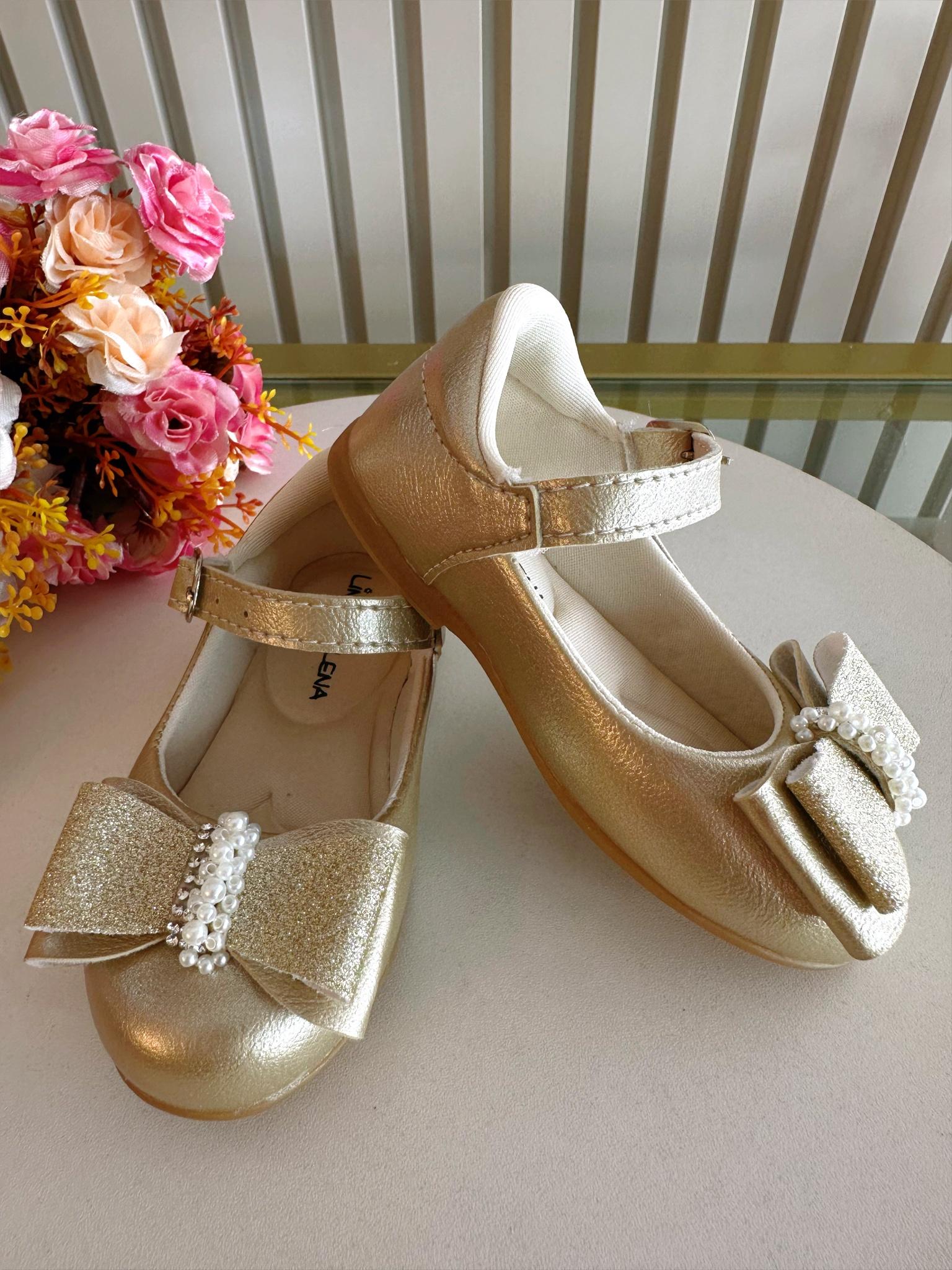 Sapatinho Ouro Com Aplique de Lacinho e Strass Glitter